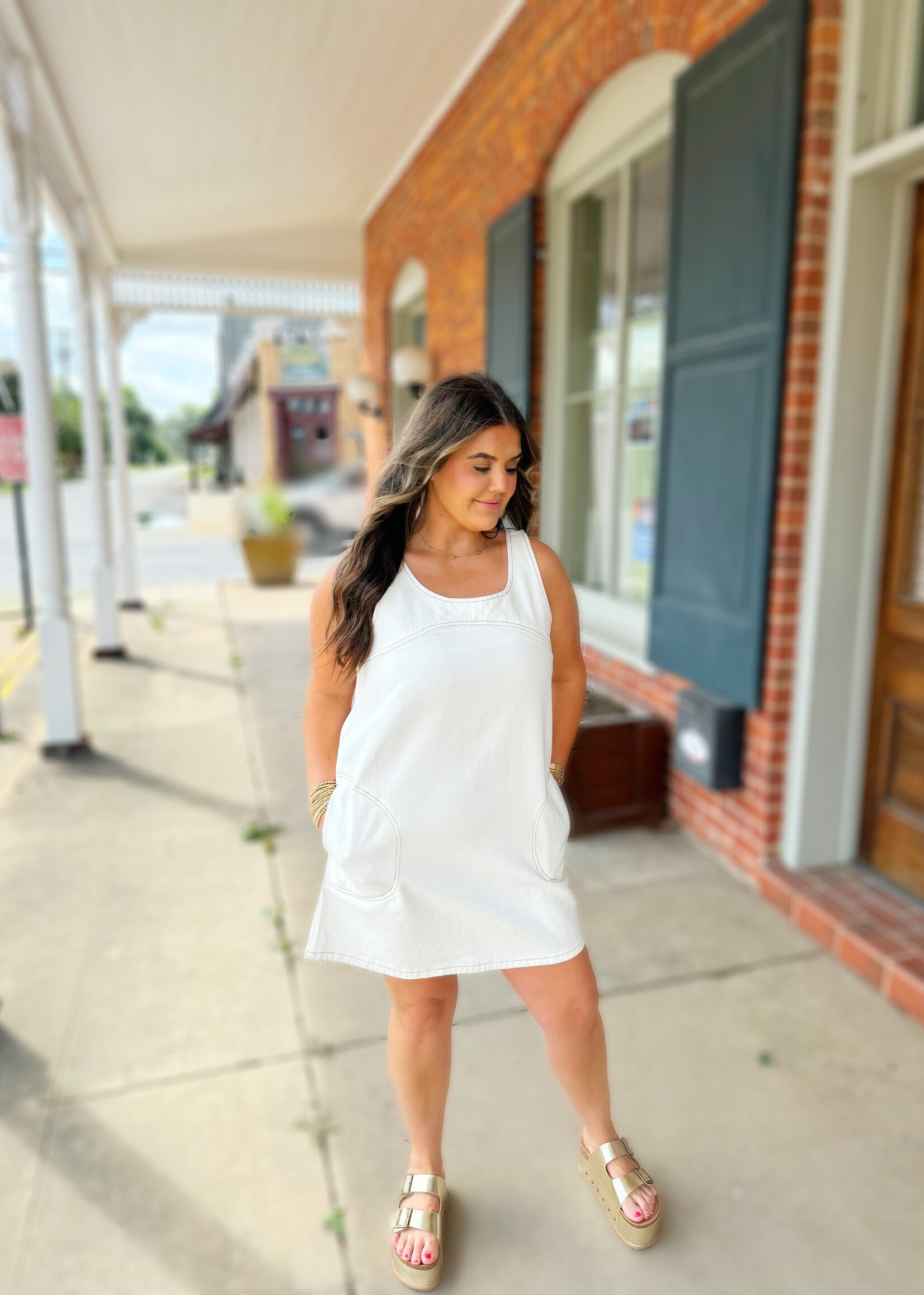 Bloom and Company White Denim Mini Dress with Contrast Stitching