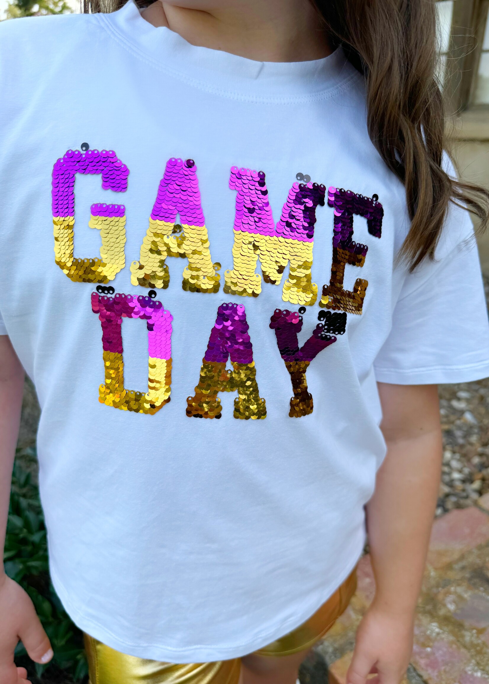 Bloom and Company Youth Sequin Game Day Reversible Purple/Black & Gold T-Shirt;