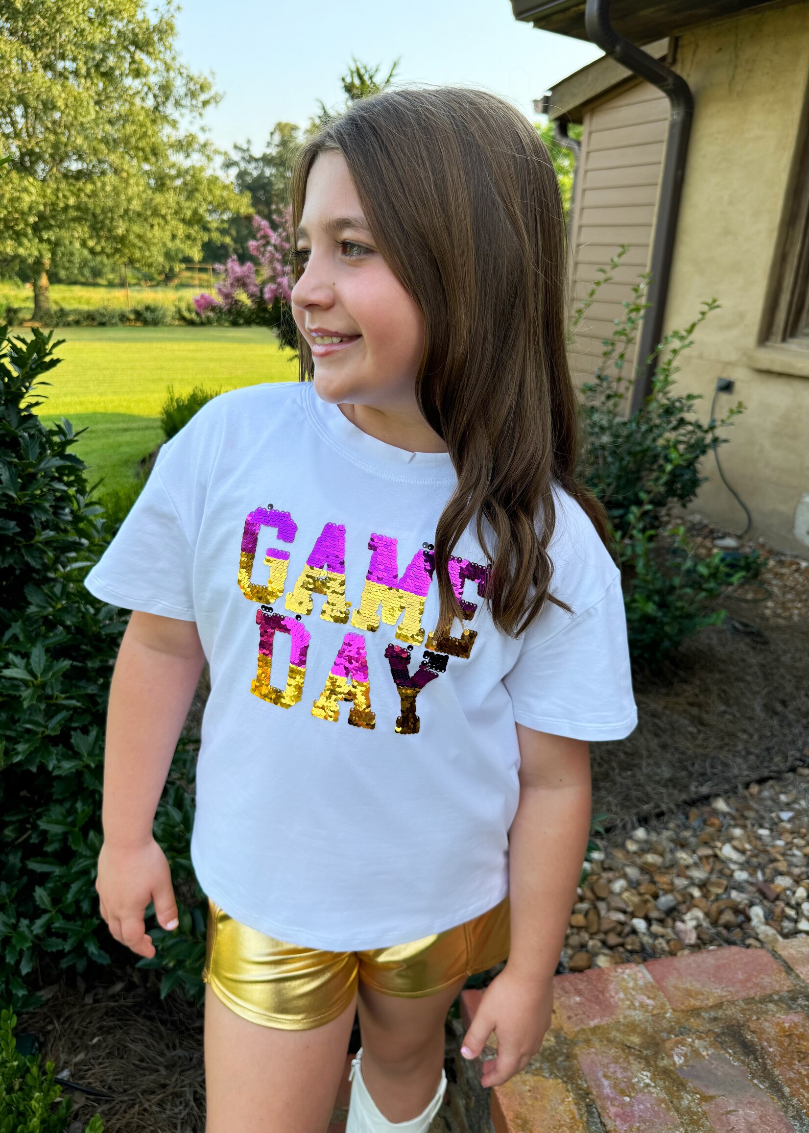 Bloom and Company Youth Sequin Game Day Reversible Purple/Black & Gold T-Shirt;