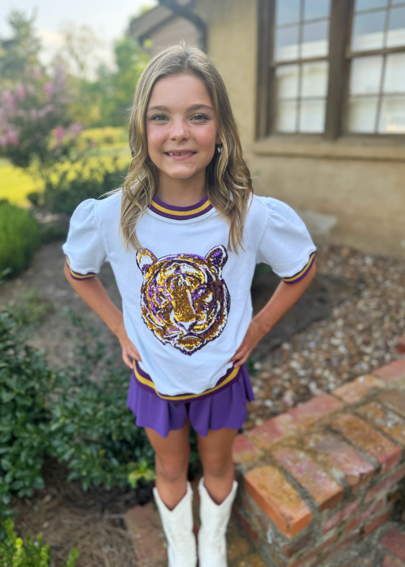 Youth Sequin Gold Tiger Puff Sleeve Top