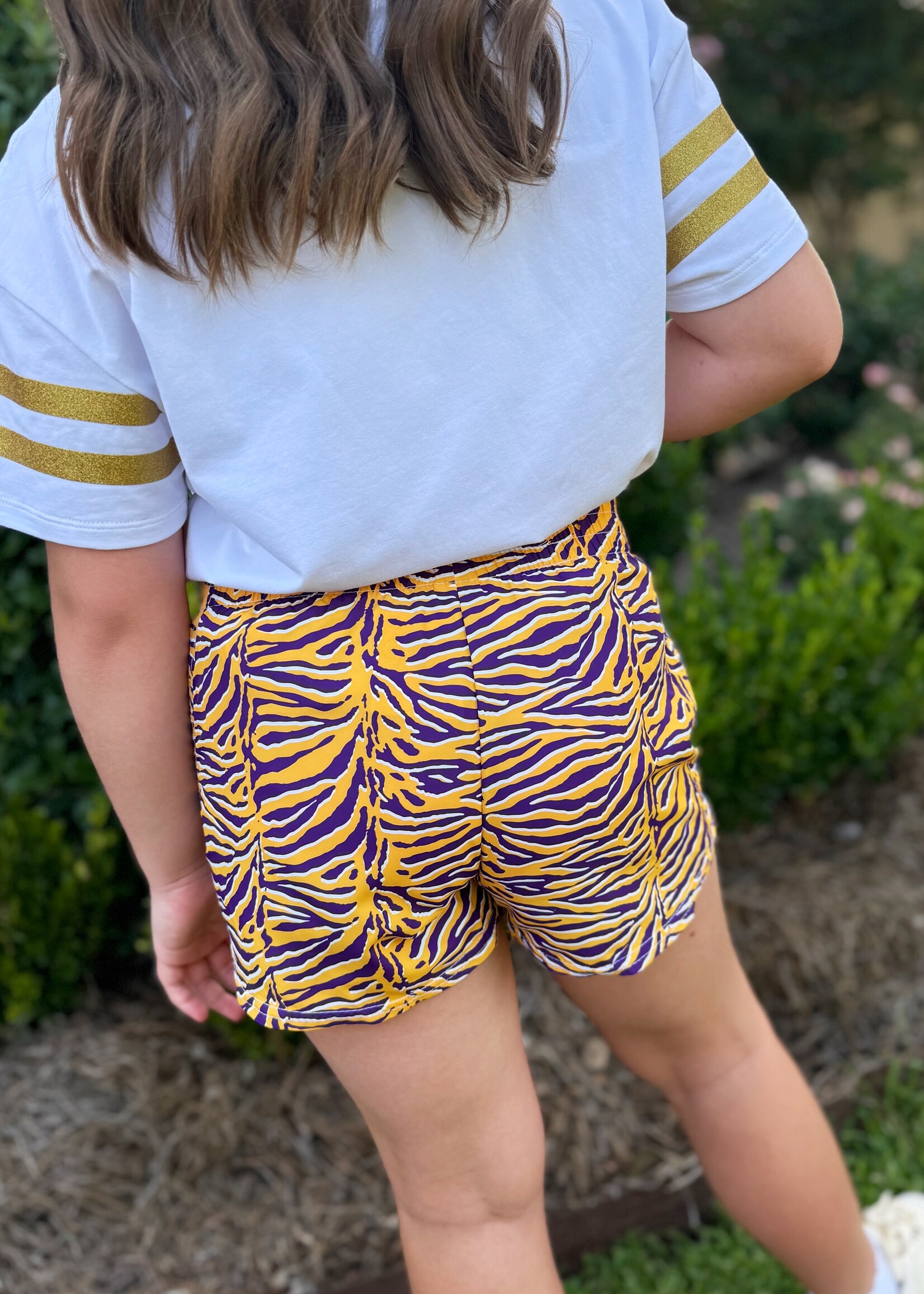 Bloom and Company Purple & Yellow Tiger Stripe Steph Shorts