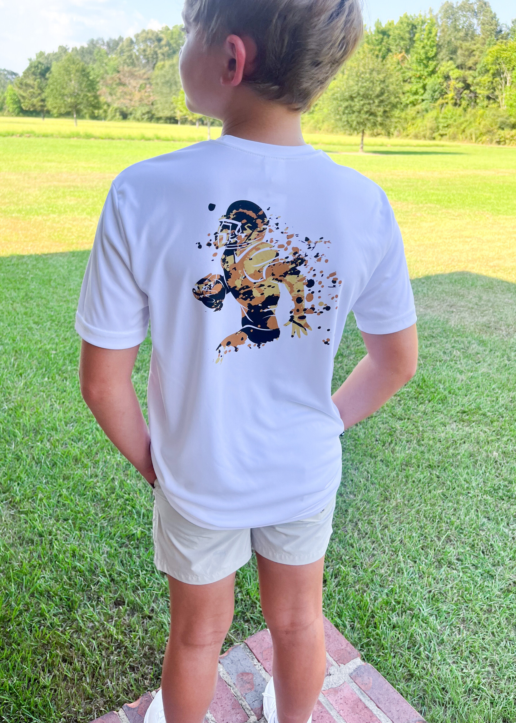 Bloom and Company White Dri Fit Saints Watercolor Football Player T-Shirt