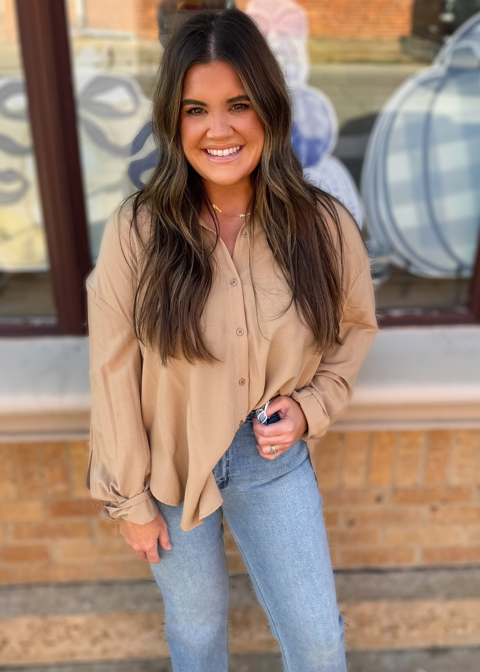 Bloom and Company Long Sleeve Button Down Khaki Blouse