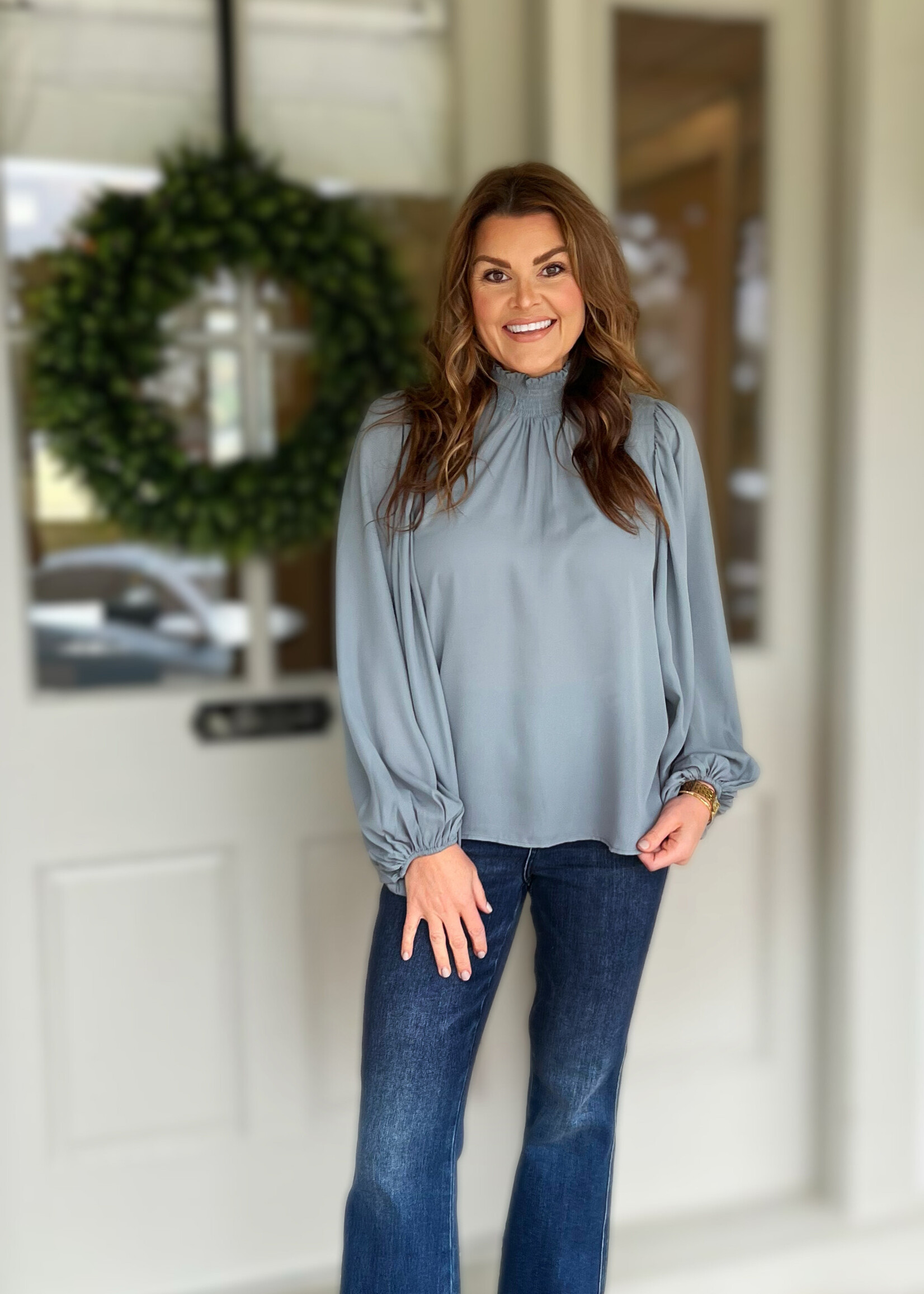 Bloom and Company Grey Sea Mist Balloon Sleeve Chiffon Blouse