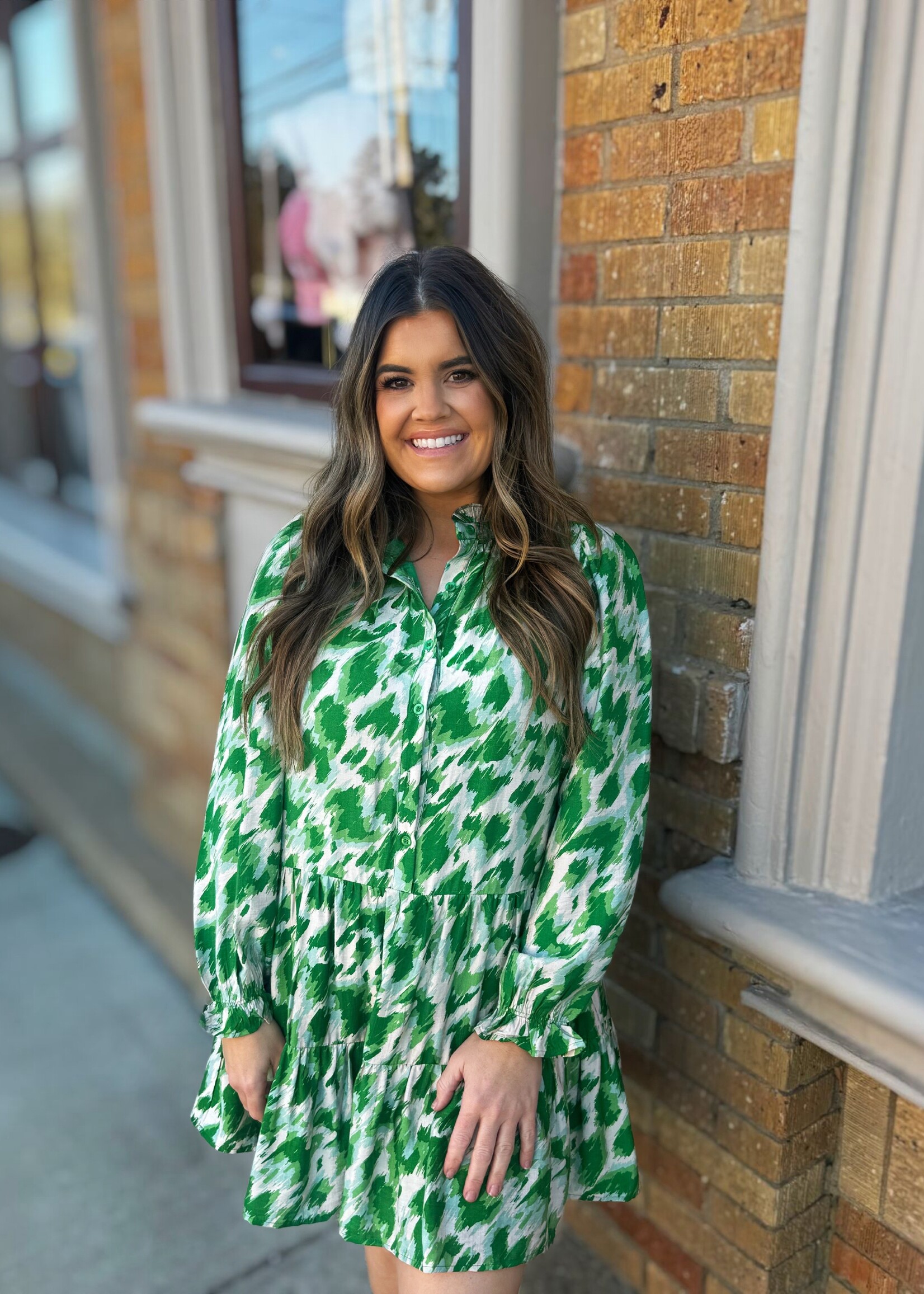 Bloom and Company Long Sleeve Green Abstract Dress