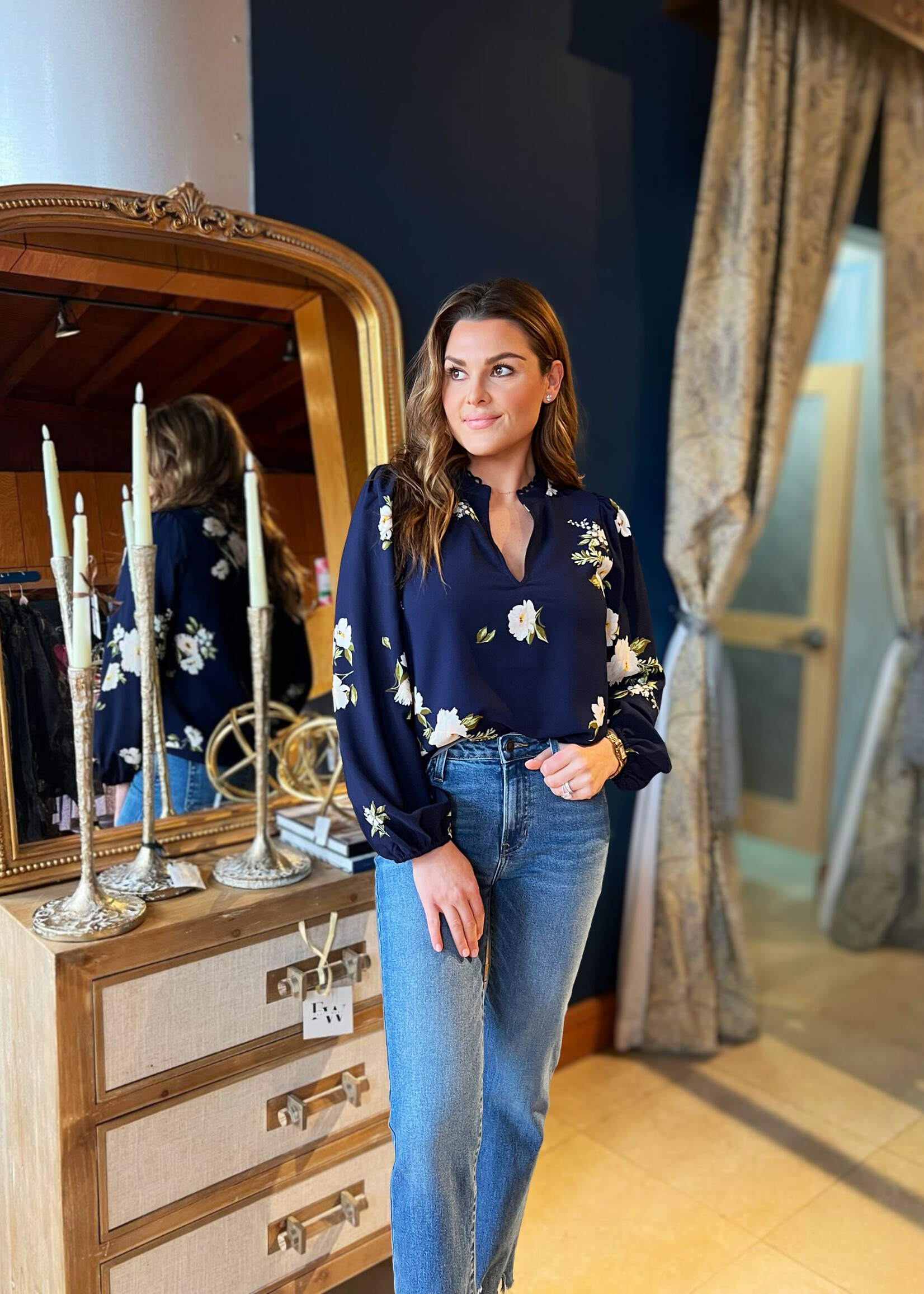 Bloom and Company Navy/Pink Floral Split Neck Blouse
