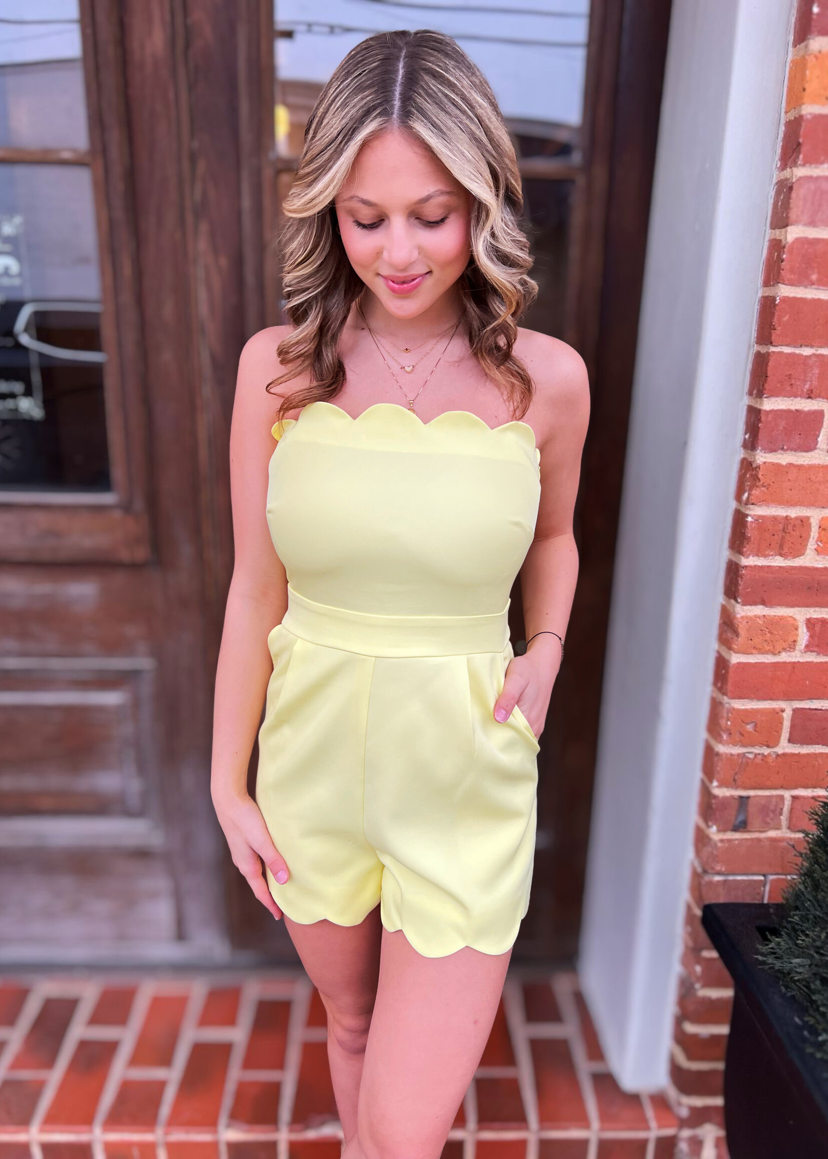 Bloom and Company Yellow Strapless Scalloped Edge Romper