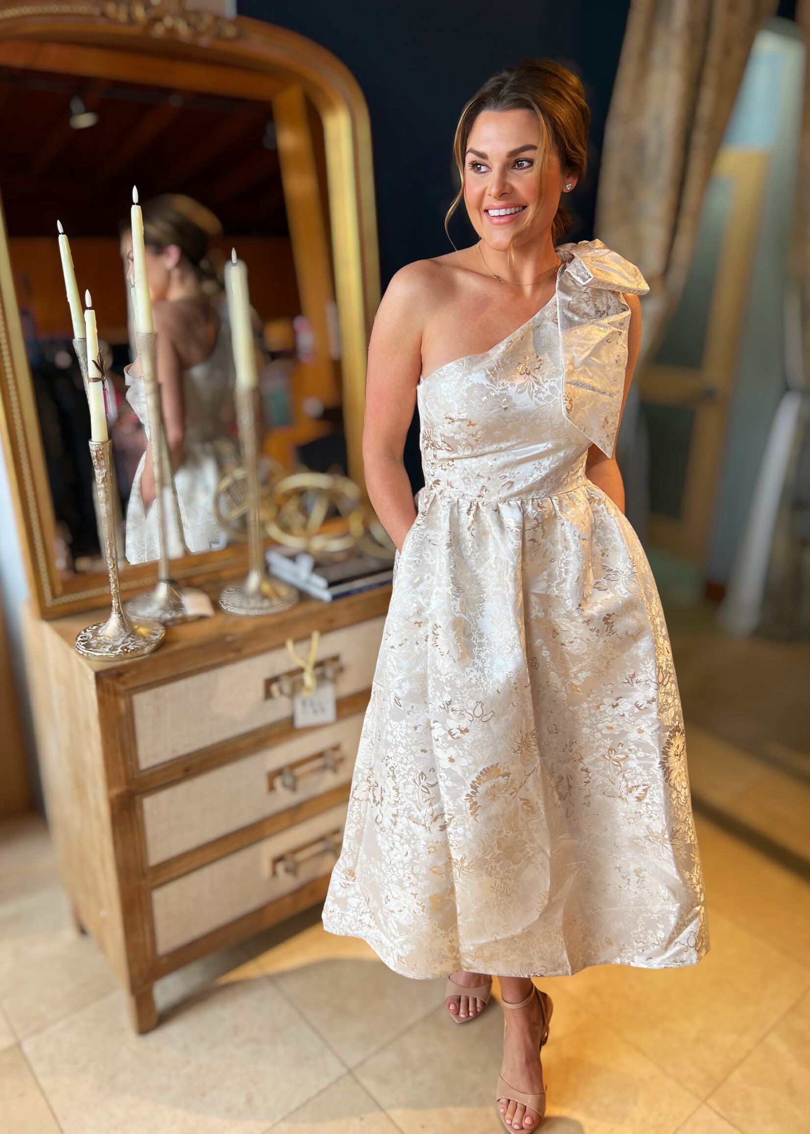 Bloom and Company Jacquard Bow Midi Dress Champagne