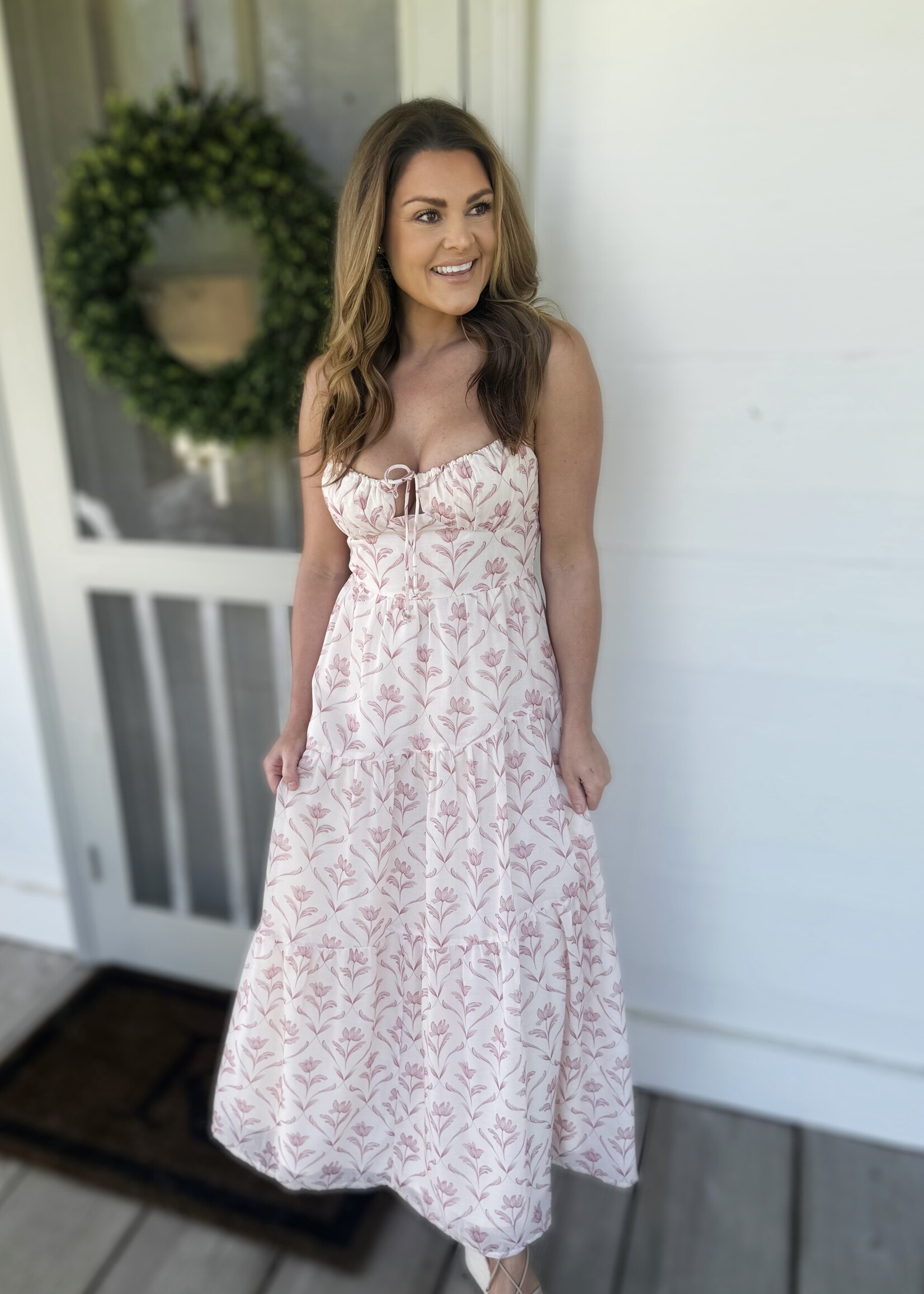 Bloom and Company Front Tie Pink Floral Maxi Dress