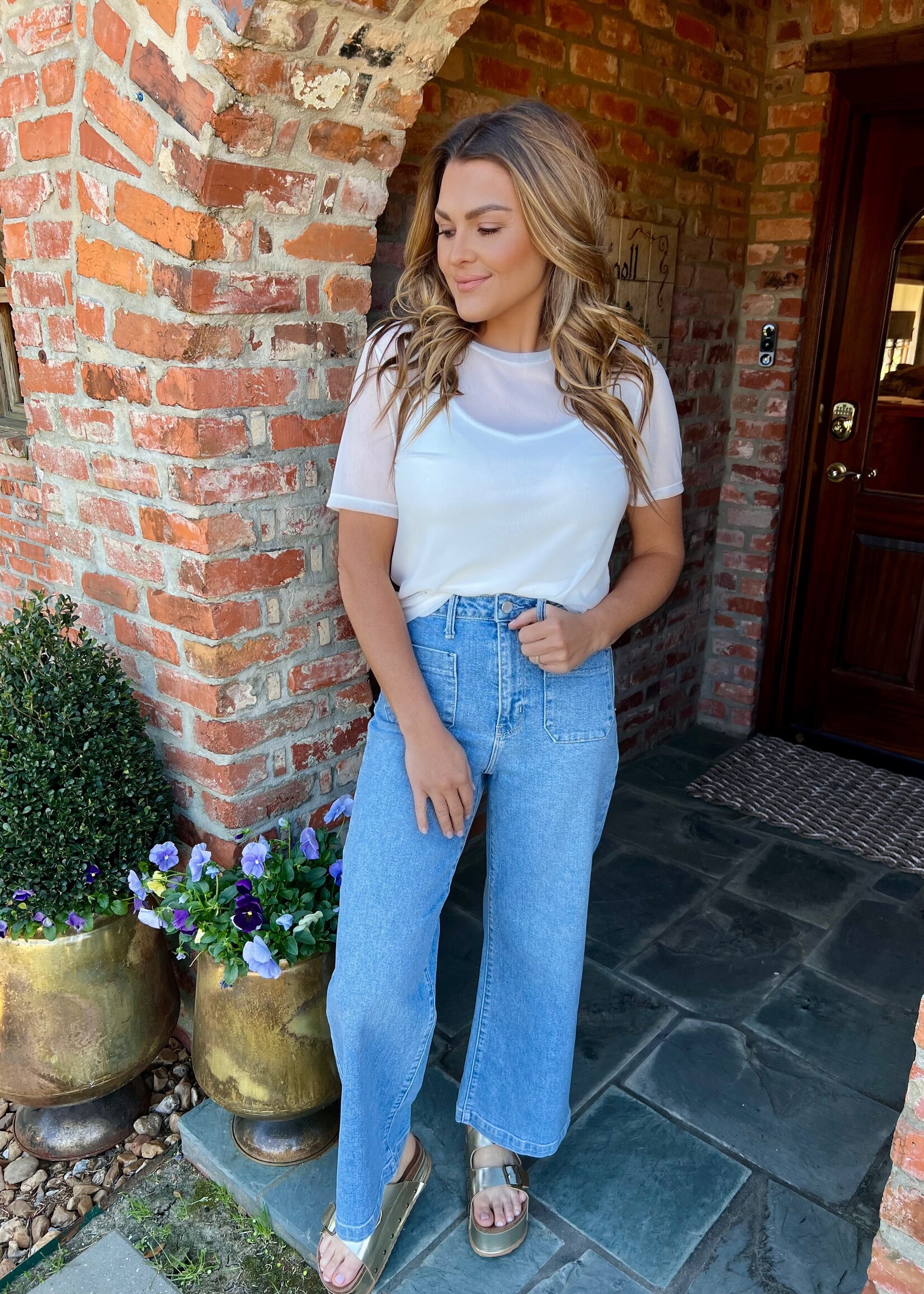 Bloom and Company White Sheer Mesh Short Sleeve top
