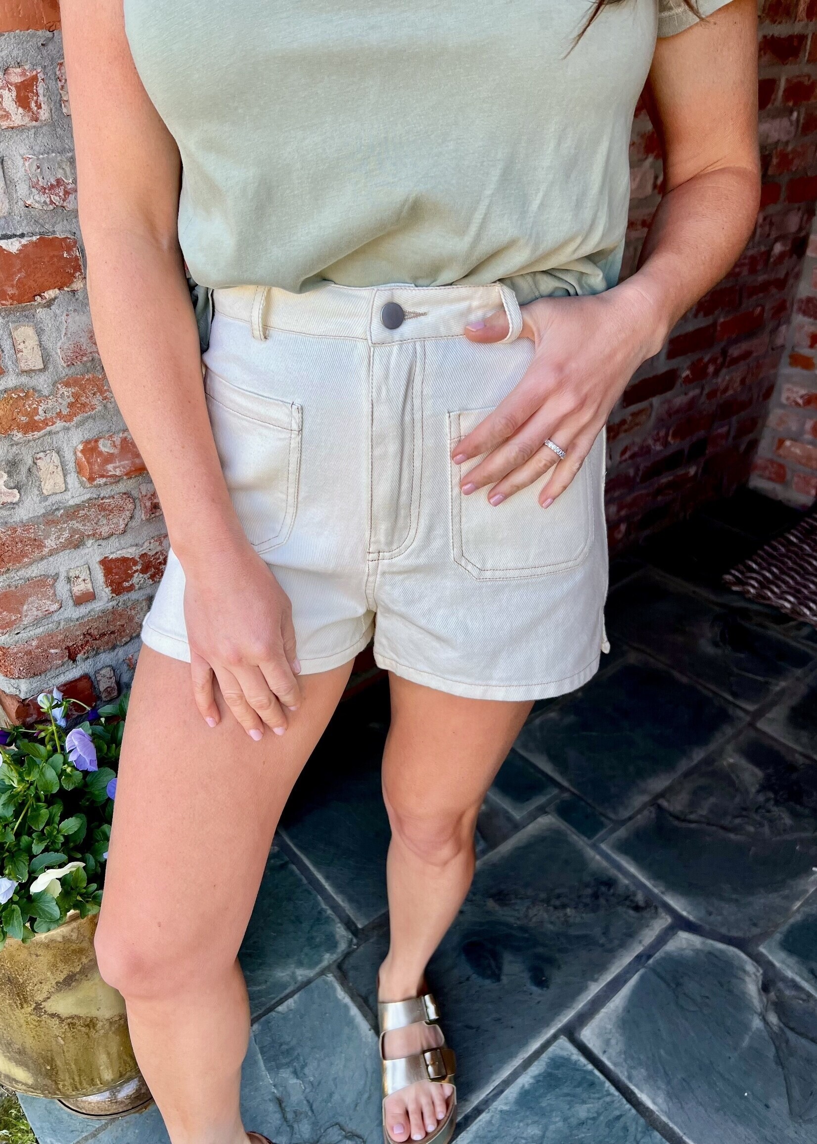 Bloom and Company Ivory Patch Pocket High-Waisted Denim Shorts