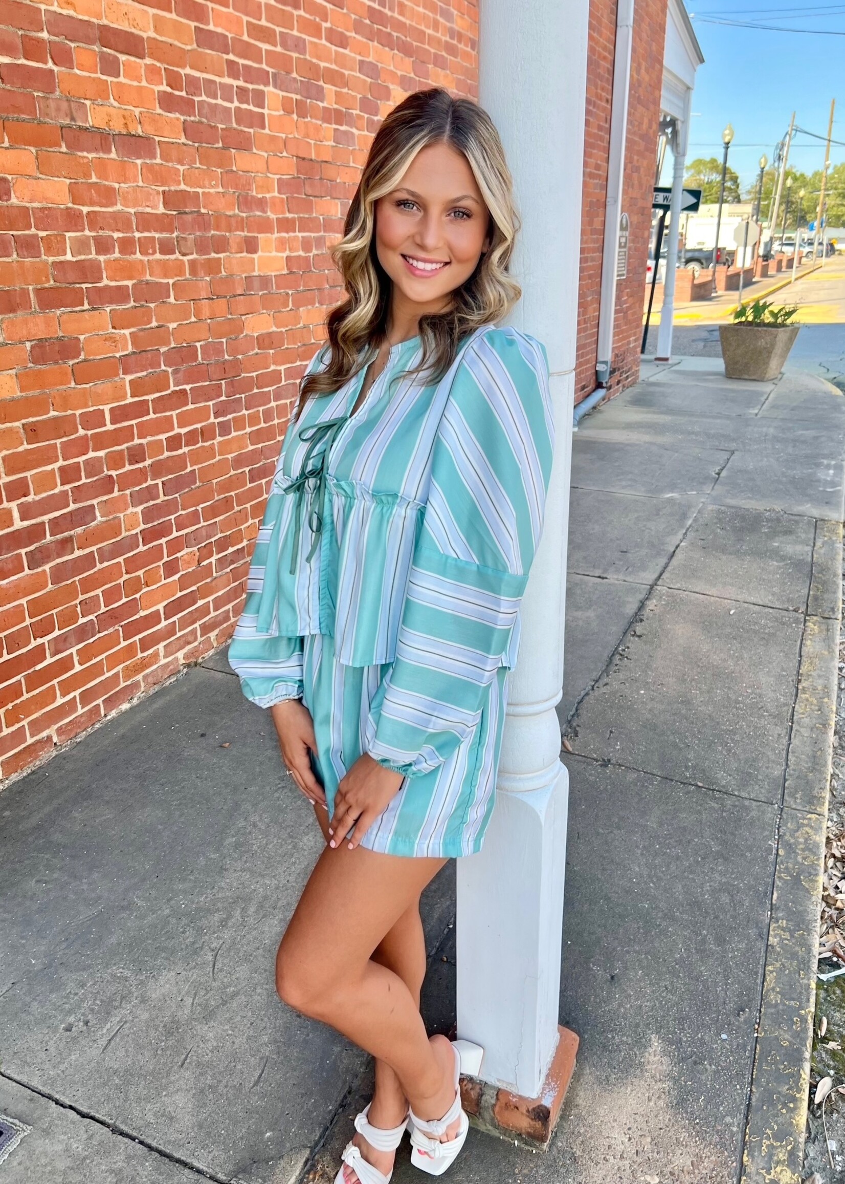 Bloom and Company Long Sleeve Tie Front Striped Set in Mint & Light Blue