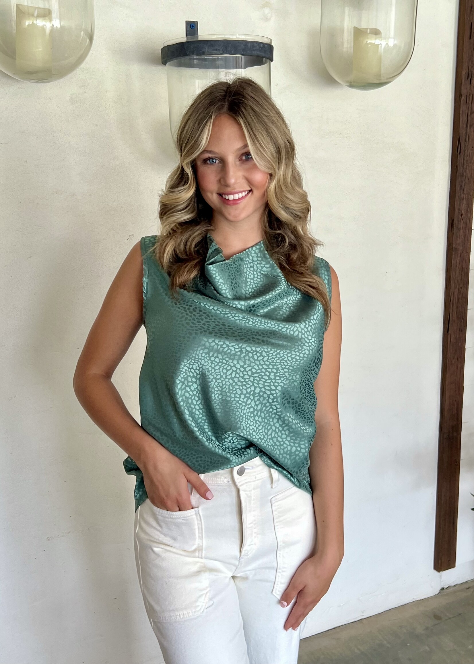 Bloom and Company Sleeveless Fold Collar Printed Top Green