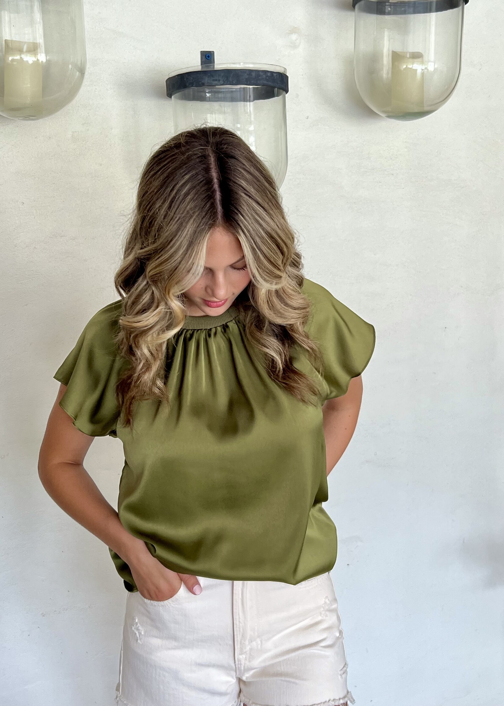 Bloom and Company Jungle Green Satin Pleated Flutter Sleeve Top