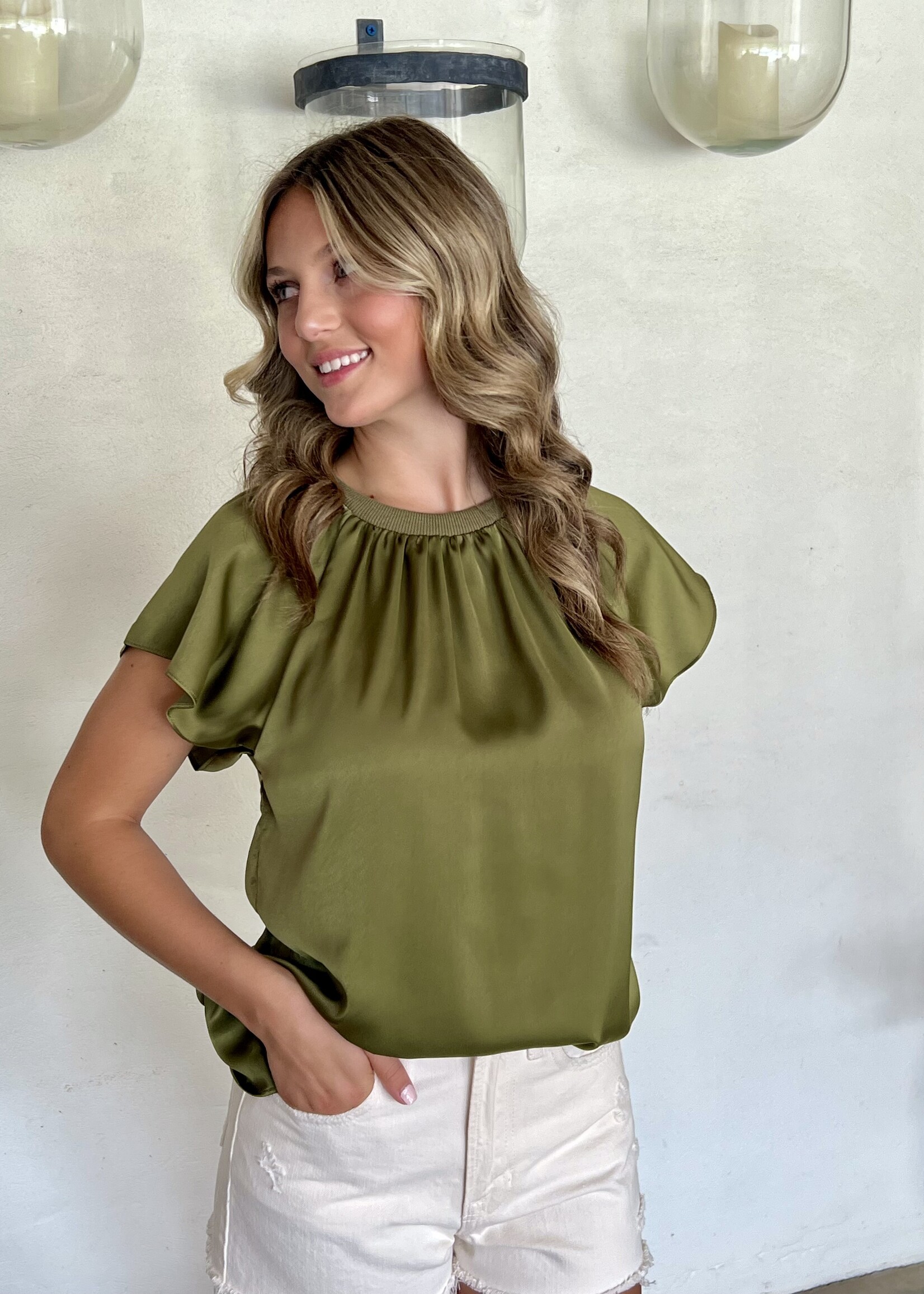Bloom and Company Jungle Green Satin Pleated Flutter Sleeve Top