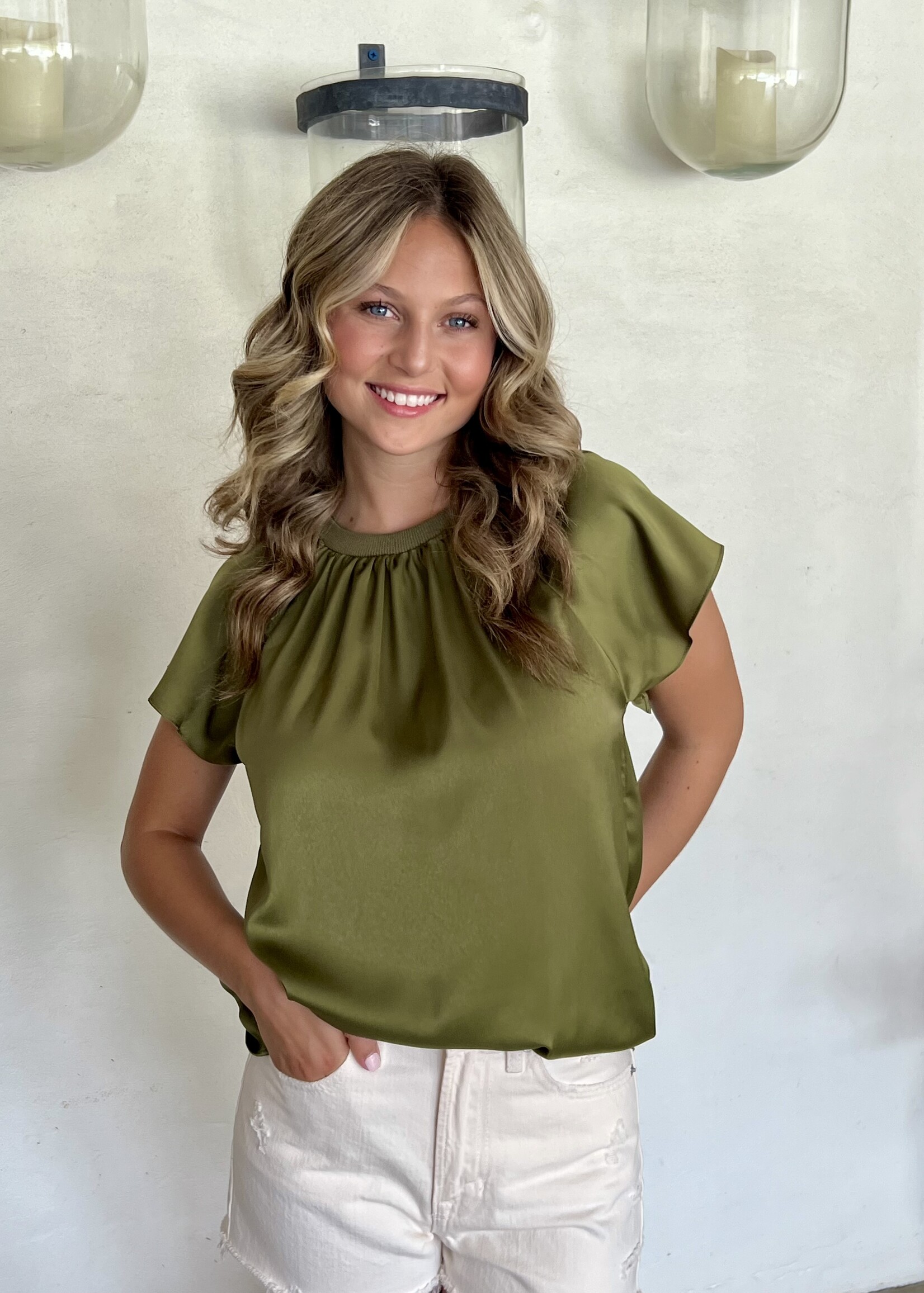 Bloom and Company Jungle Green Satin Pleated Flutter Sleeve Top