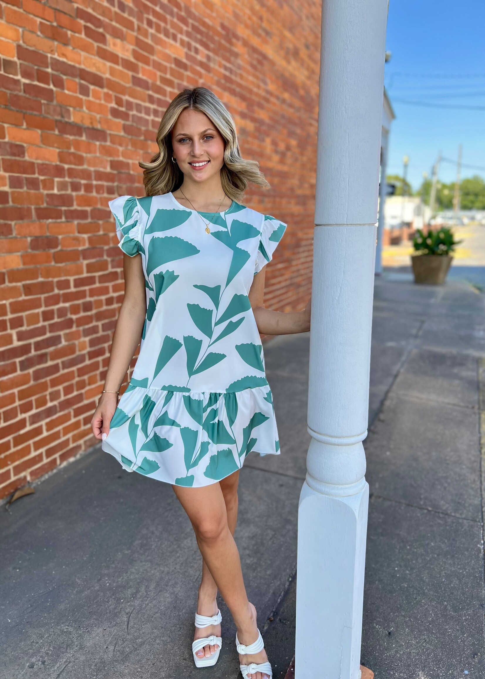 Bloom and Company Green & White Ruffle Sleeveless Dress