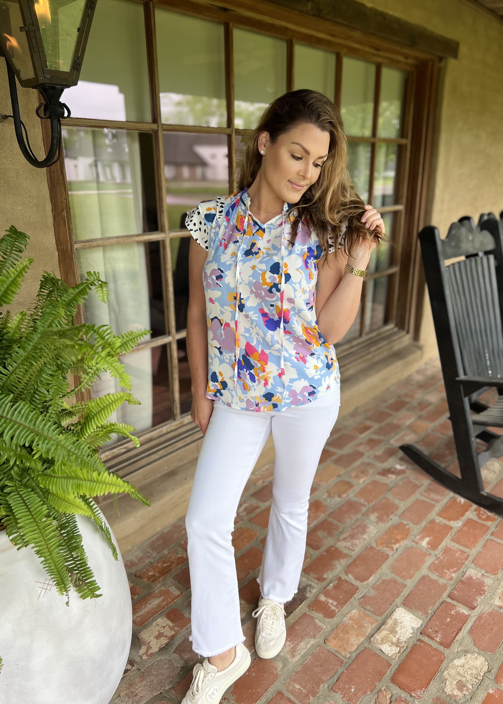 Bloom and Company Light Blue Floral Dotted Flutter Sleeve Blouse