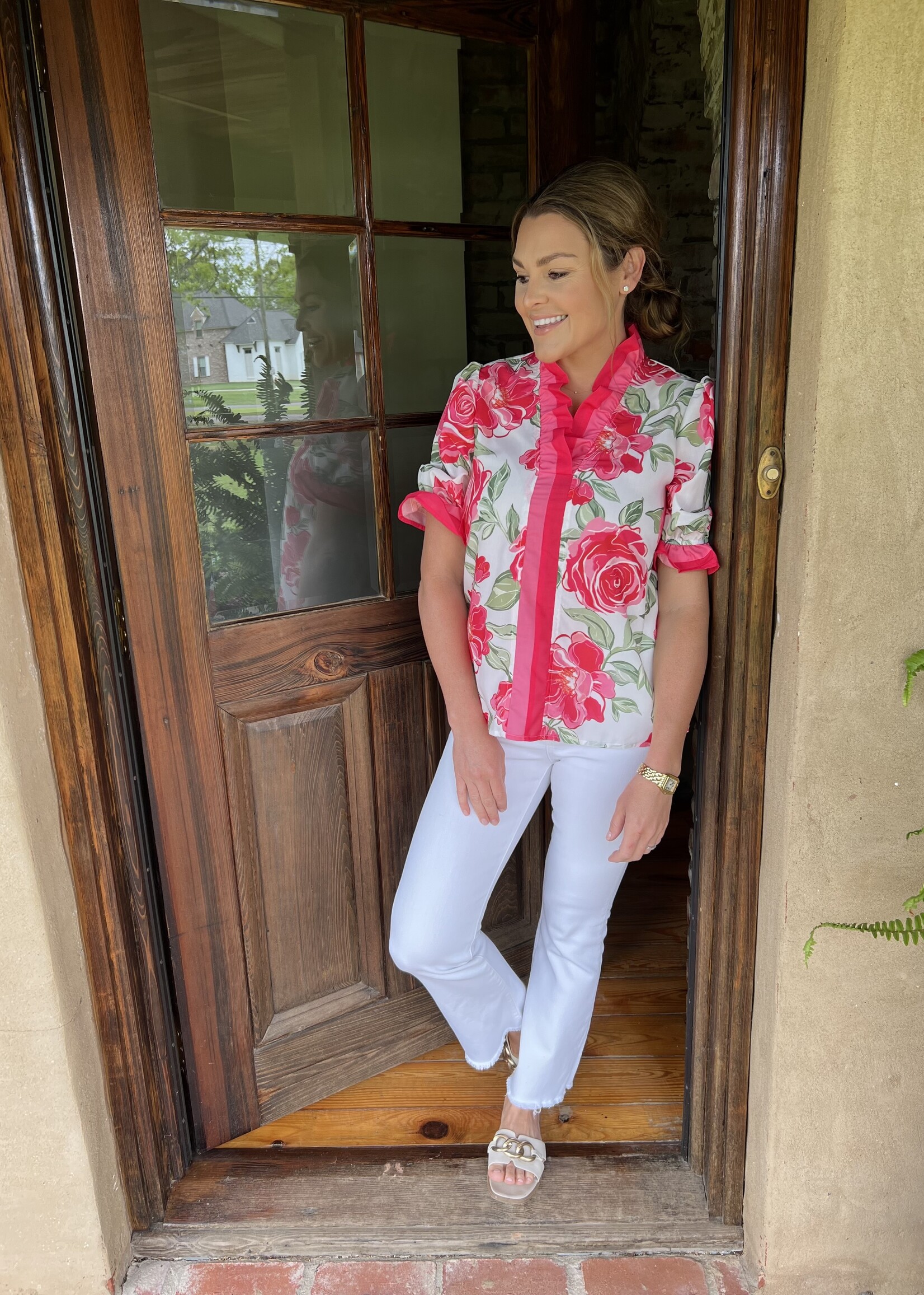 Bloom and Company Pink Floral Print Ruffle Short Sleeve Top