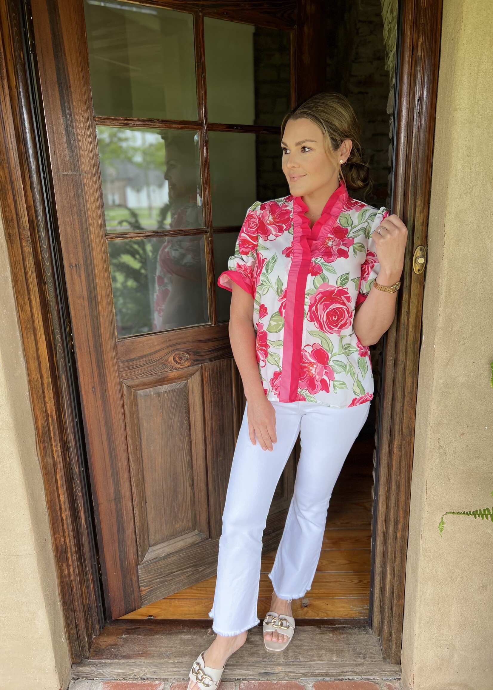 Bloom and Company Pink Floral Print Ruffle Short Sleeve Top