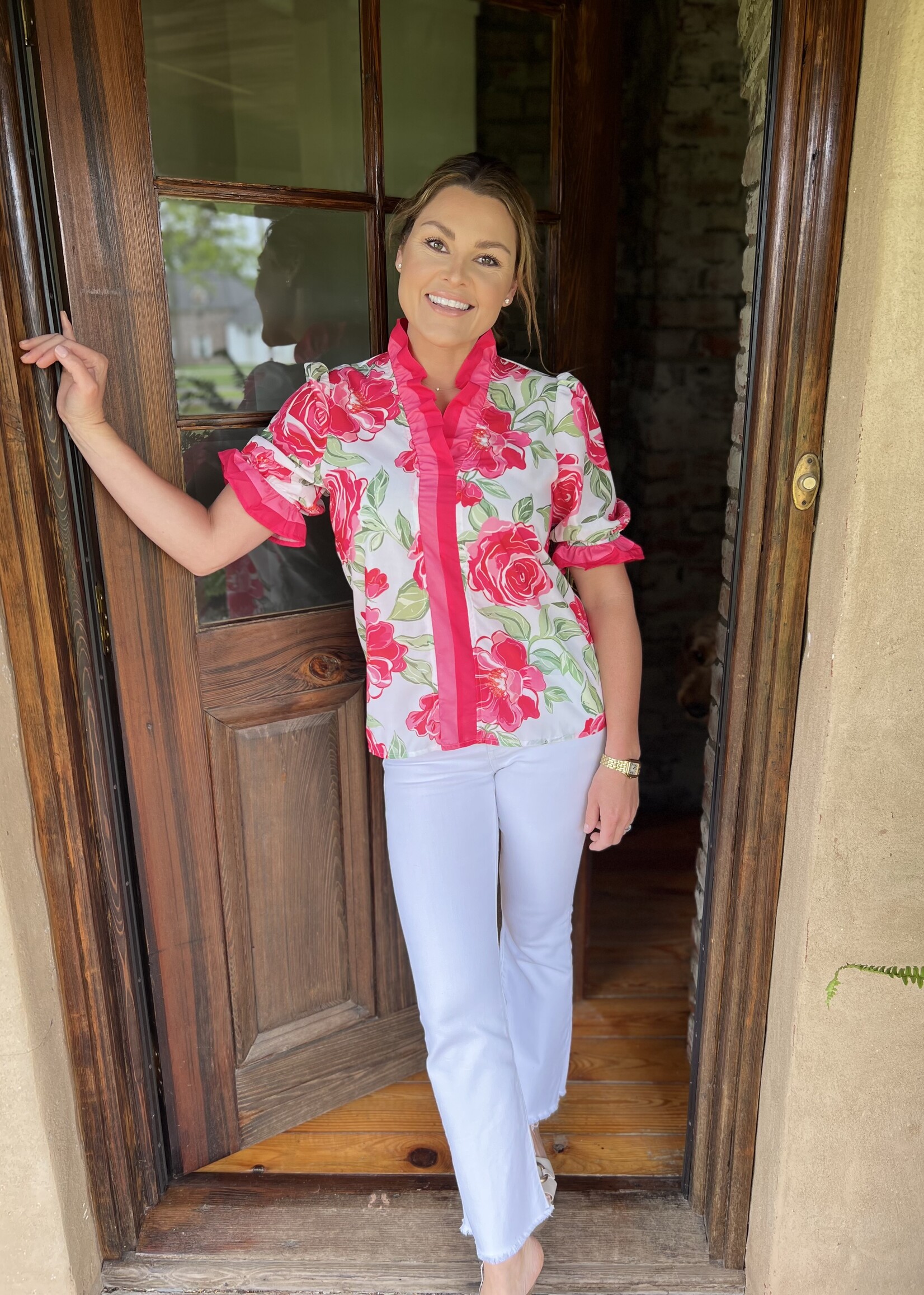 Bloom and Company Pink Floral Print Ruffle Short Sleeve Top