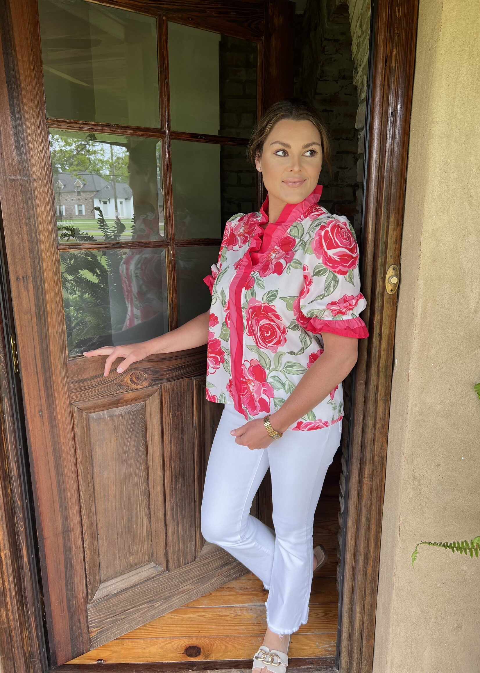 Bloom and Company Pink Floral Print Ruffle Short Sleeve Top