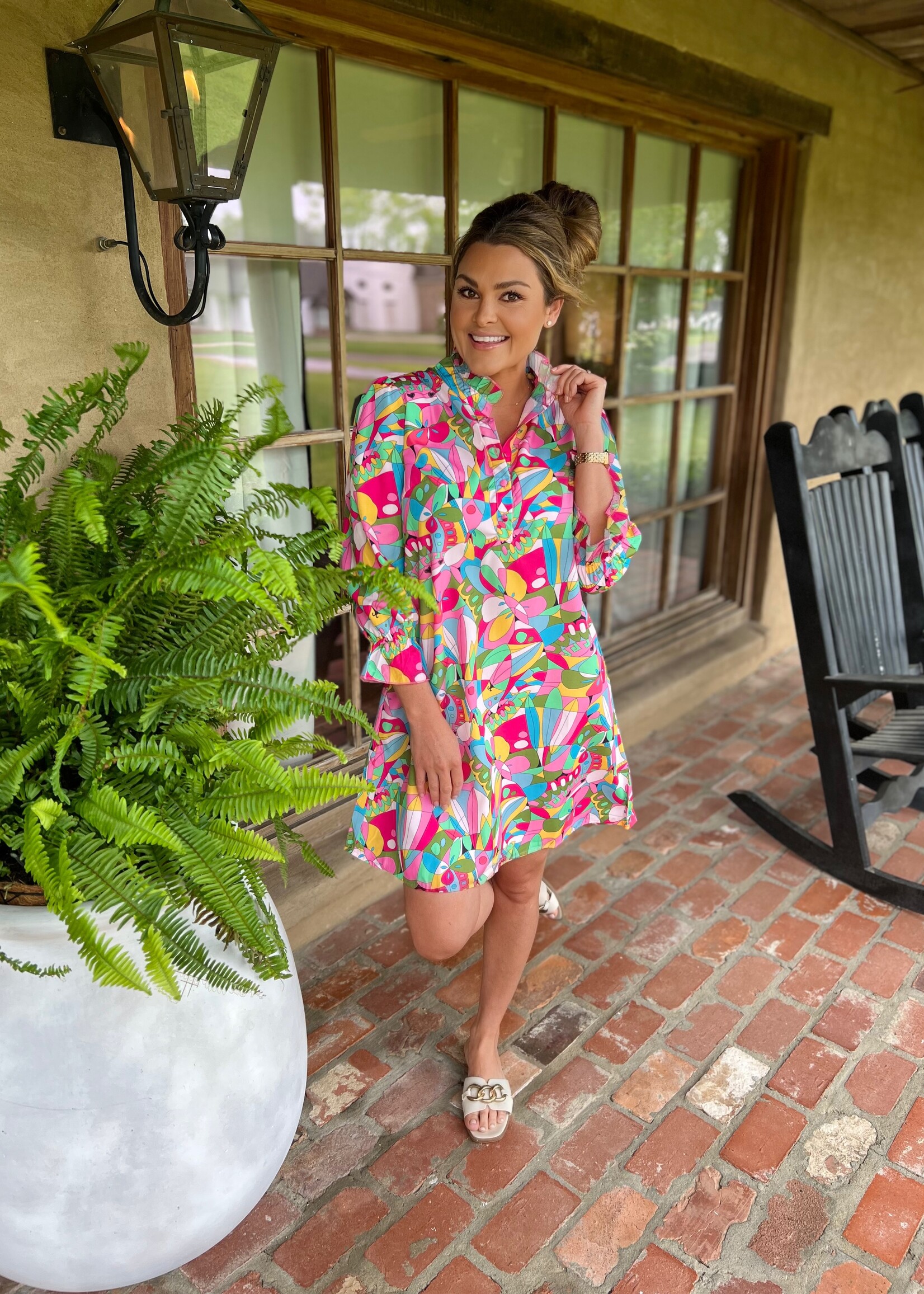 Bloom and Company Pink Abstract Lantern Sleeve Mini Dress