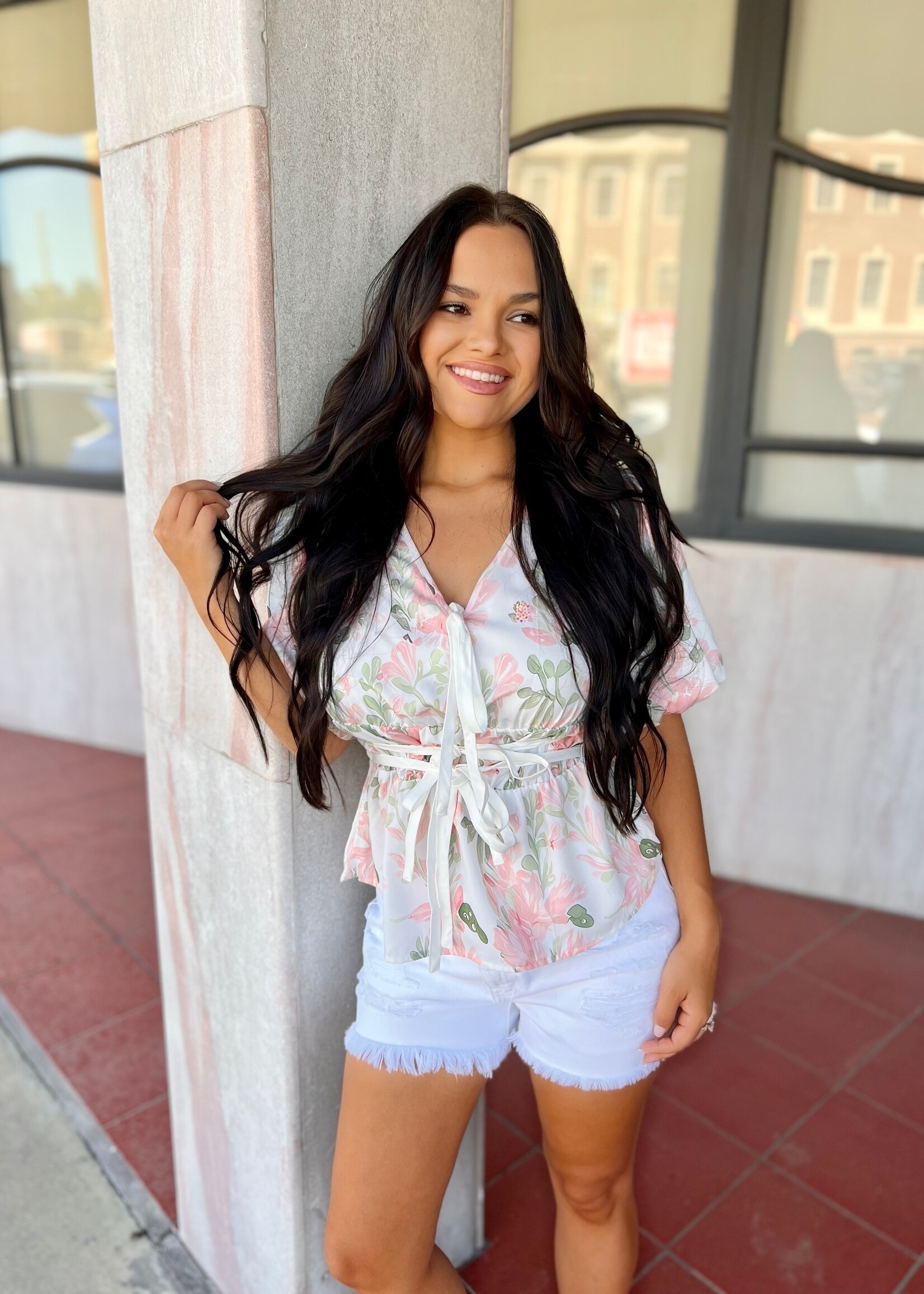 Bloom and Company Floral Puff Sleeve V-Neck Tied Peplum Blouse