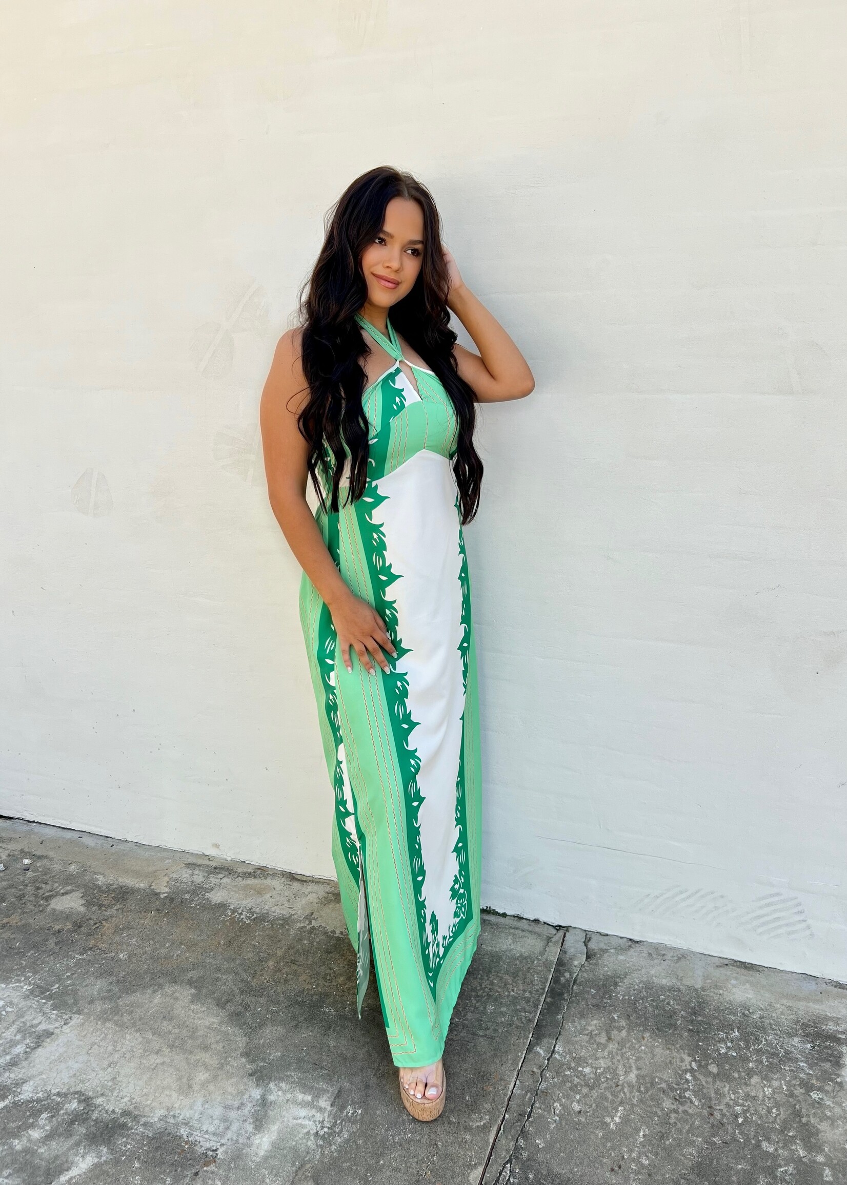 Bloom and Company Green Halter Neck Color Block Dress