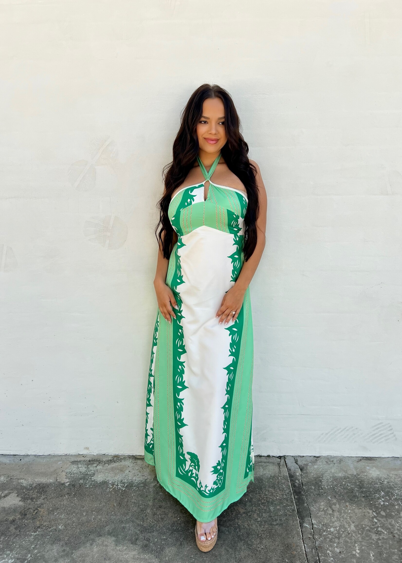 Bloom and Company Green Halter Neck Color Block Dress