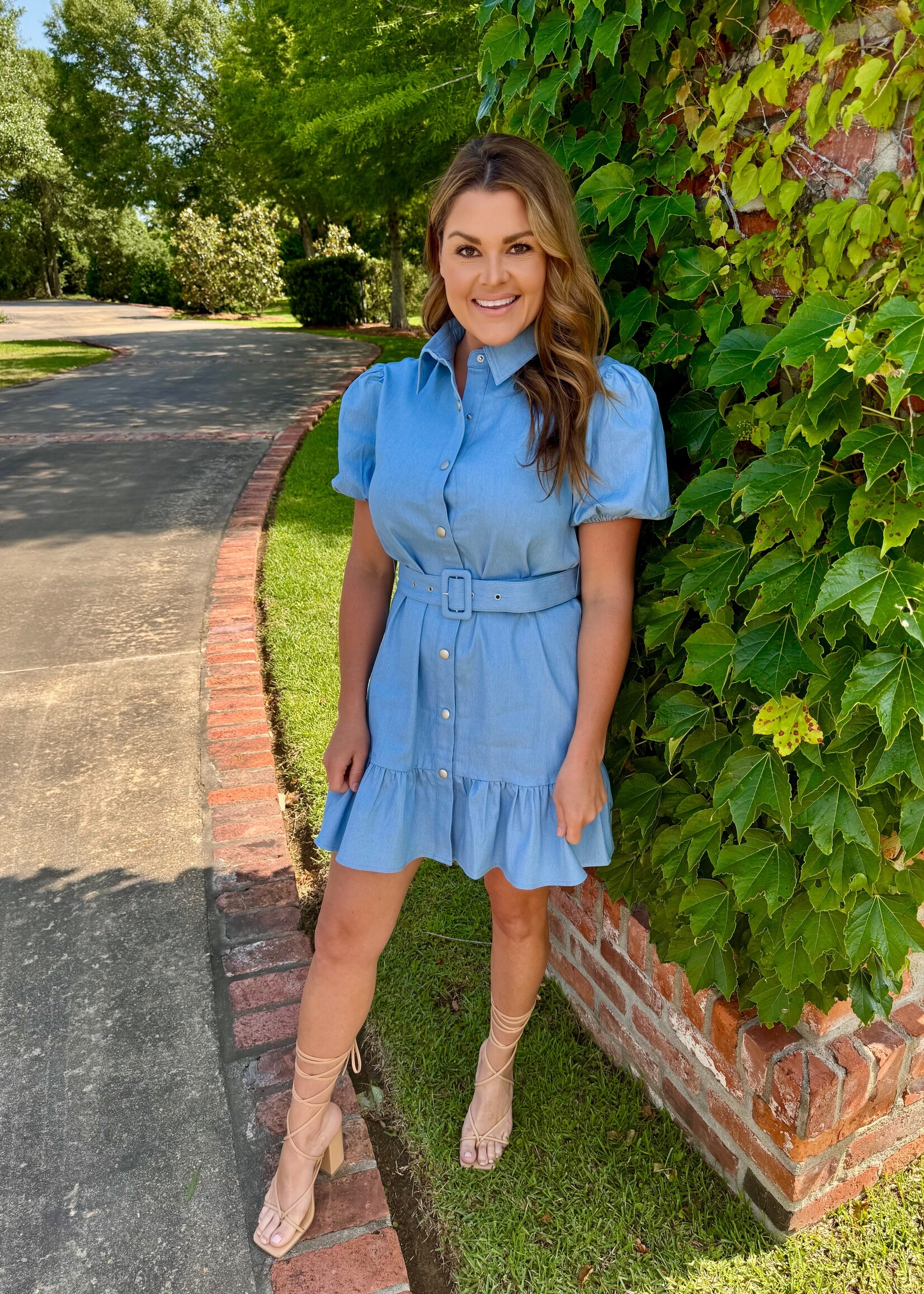 Bloom and Company Denim Puff Sleeve Belted Mini Dress
