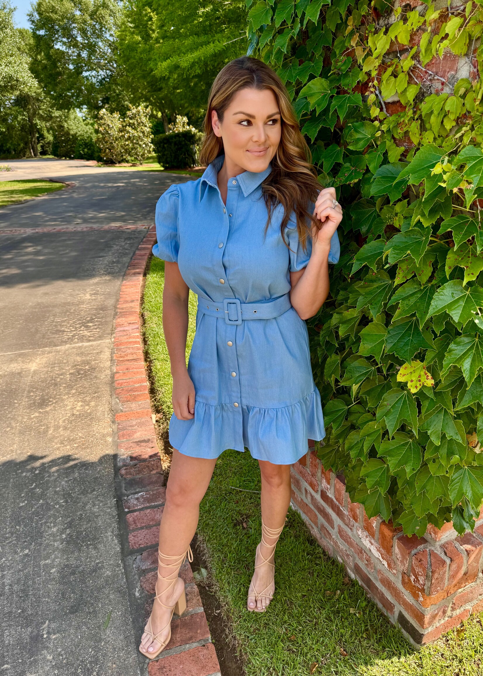 Bloom and Company Denim Puff Sleeve Belted Mini Dress