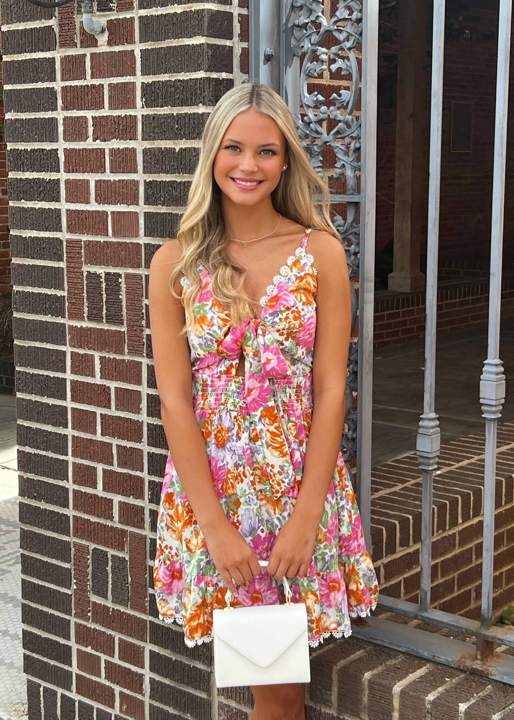 Bloom and Company Floral Print Tie V-Neck Lace Dress