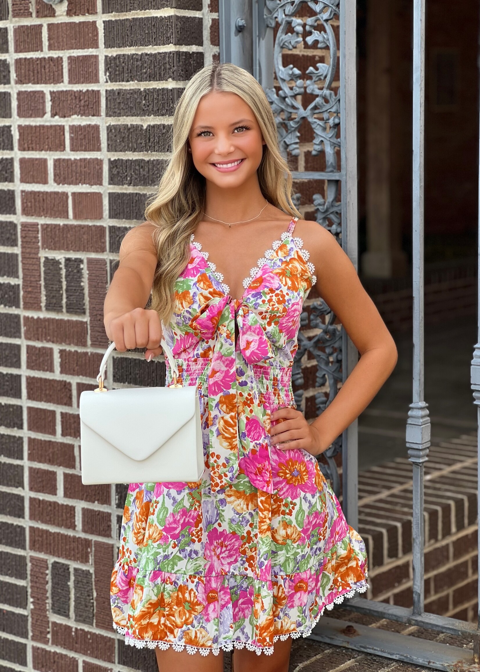 Bloom and Company Floral Print Tie V-Neck Lace Dress