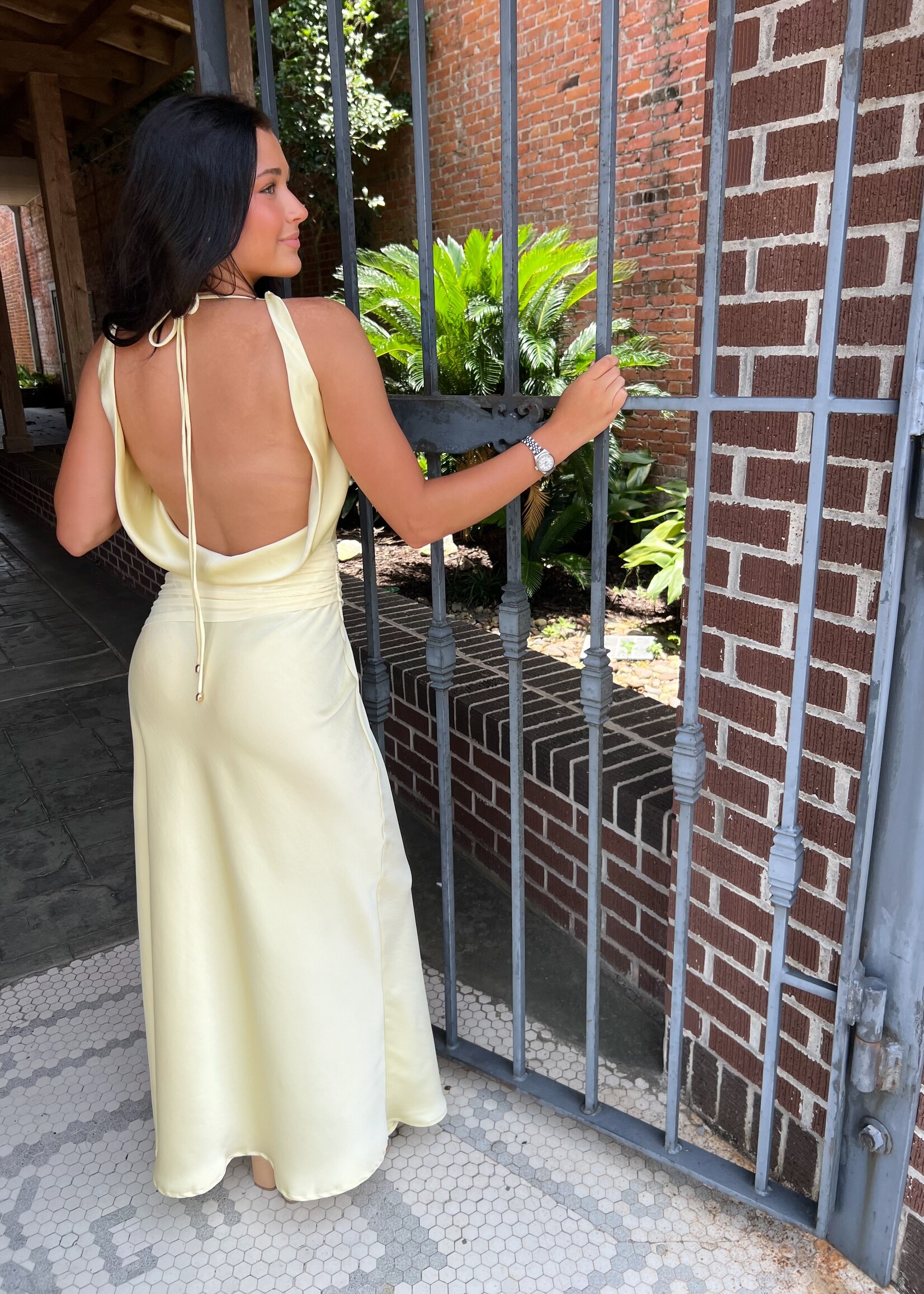 Bloom and Company Pale Yellow Scoop Neck Gathered Waist Long Dress