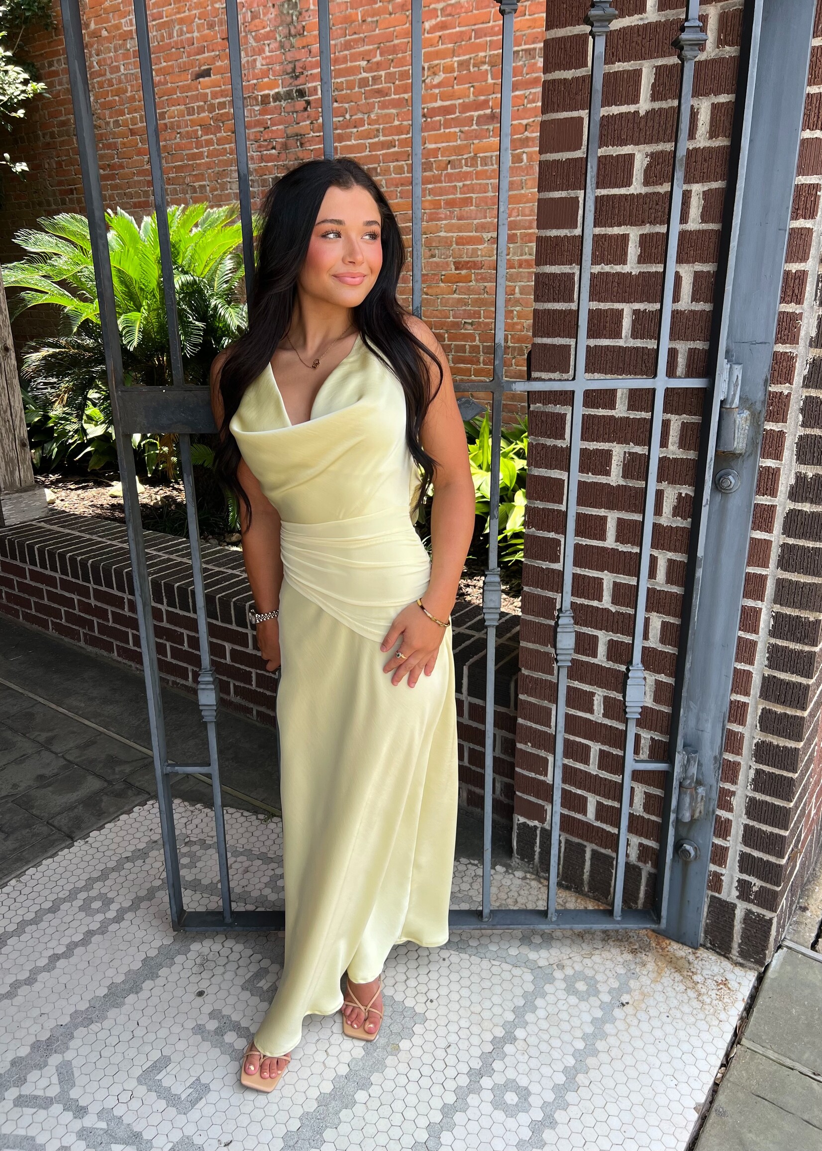 Bloom and Company Pale Yellow Scoop Neck Gathered Waist Long Dress