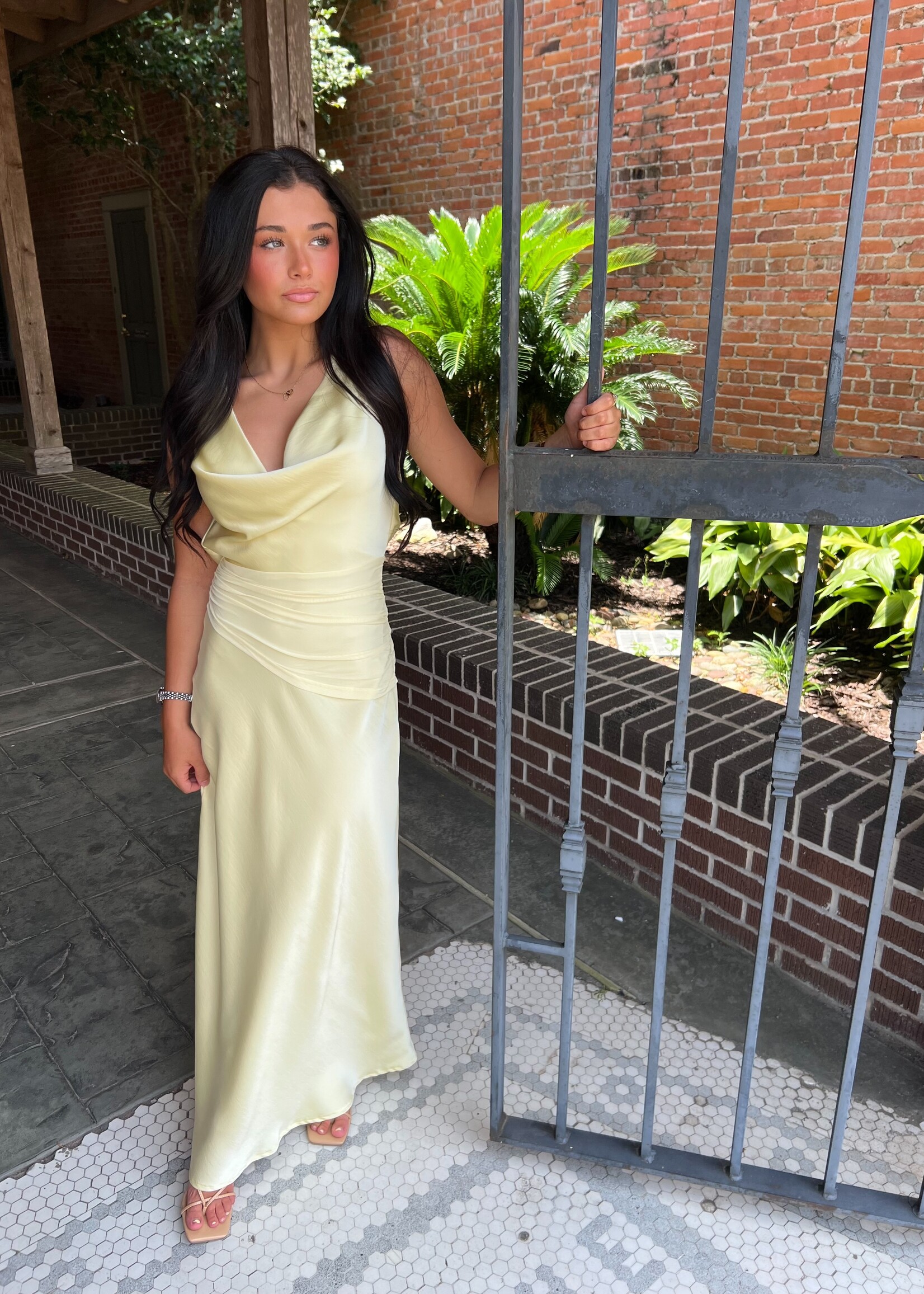 Bloom and Company Pale Yellow Scoop Neck Gathered Waist Long Dress