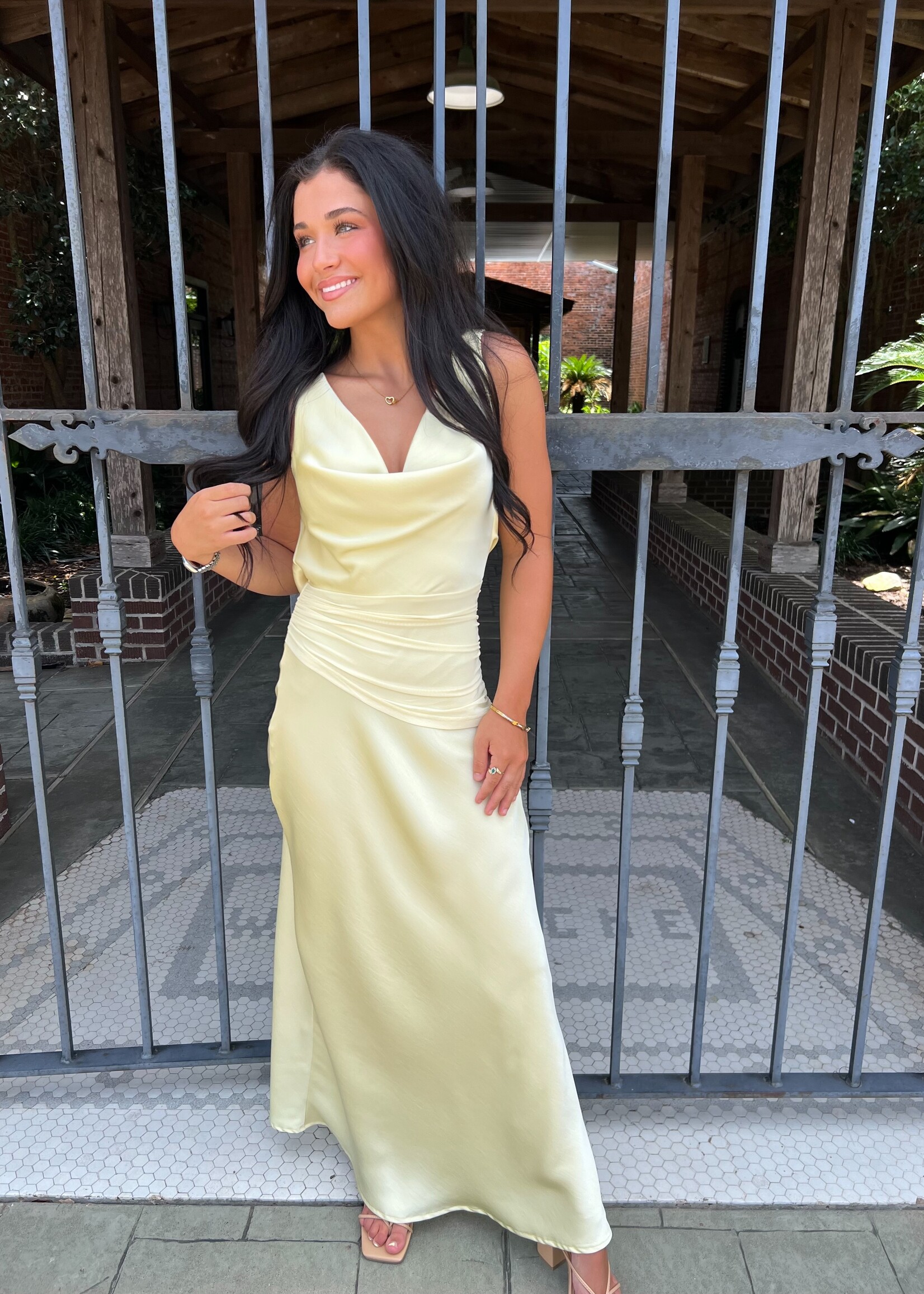 Bloom and Company Pale Yellow Scoop Neck Gathered Waist Long Dress