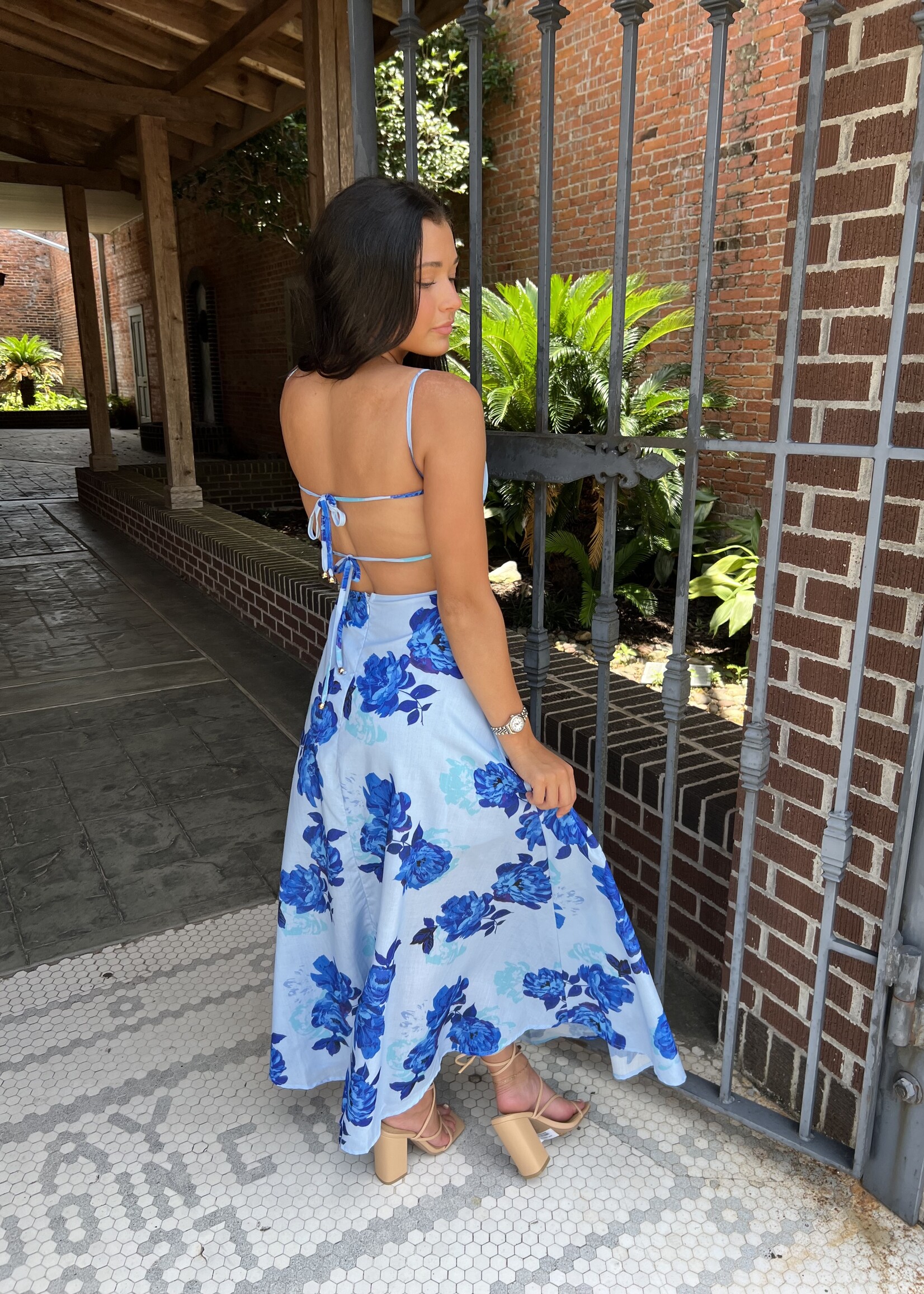 Bloom and Company Blue Floral Print Tie Back Maxi Dress