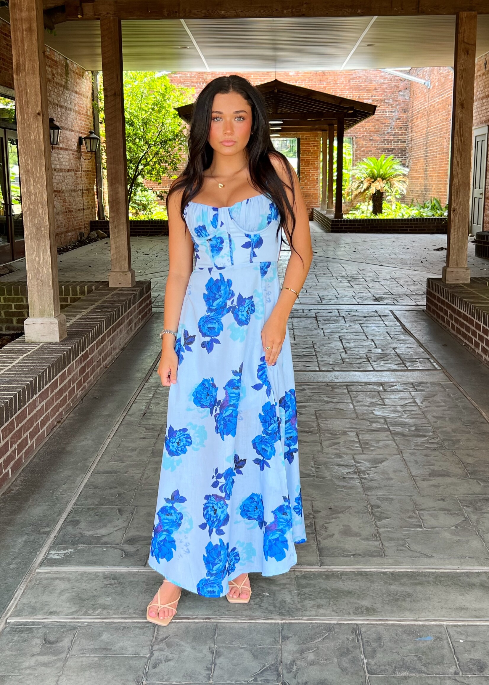 Bloom and Company Blue Floral Print Tie Back Maxi Dress