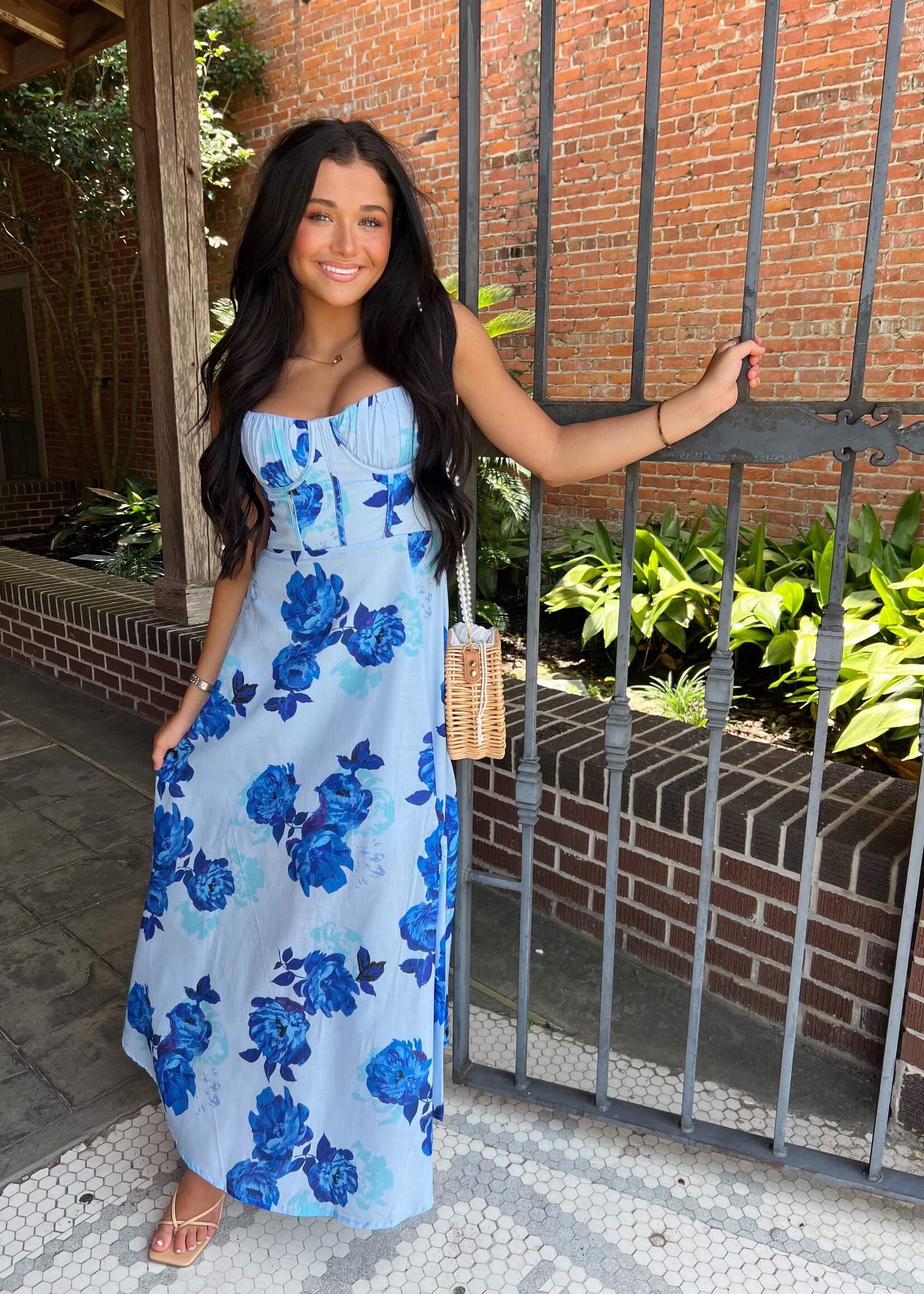 Bloom and Company Blue Floral Print Tie Back Maxi Dress