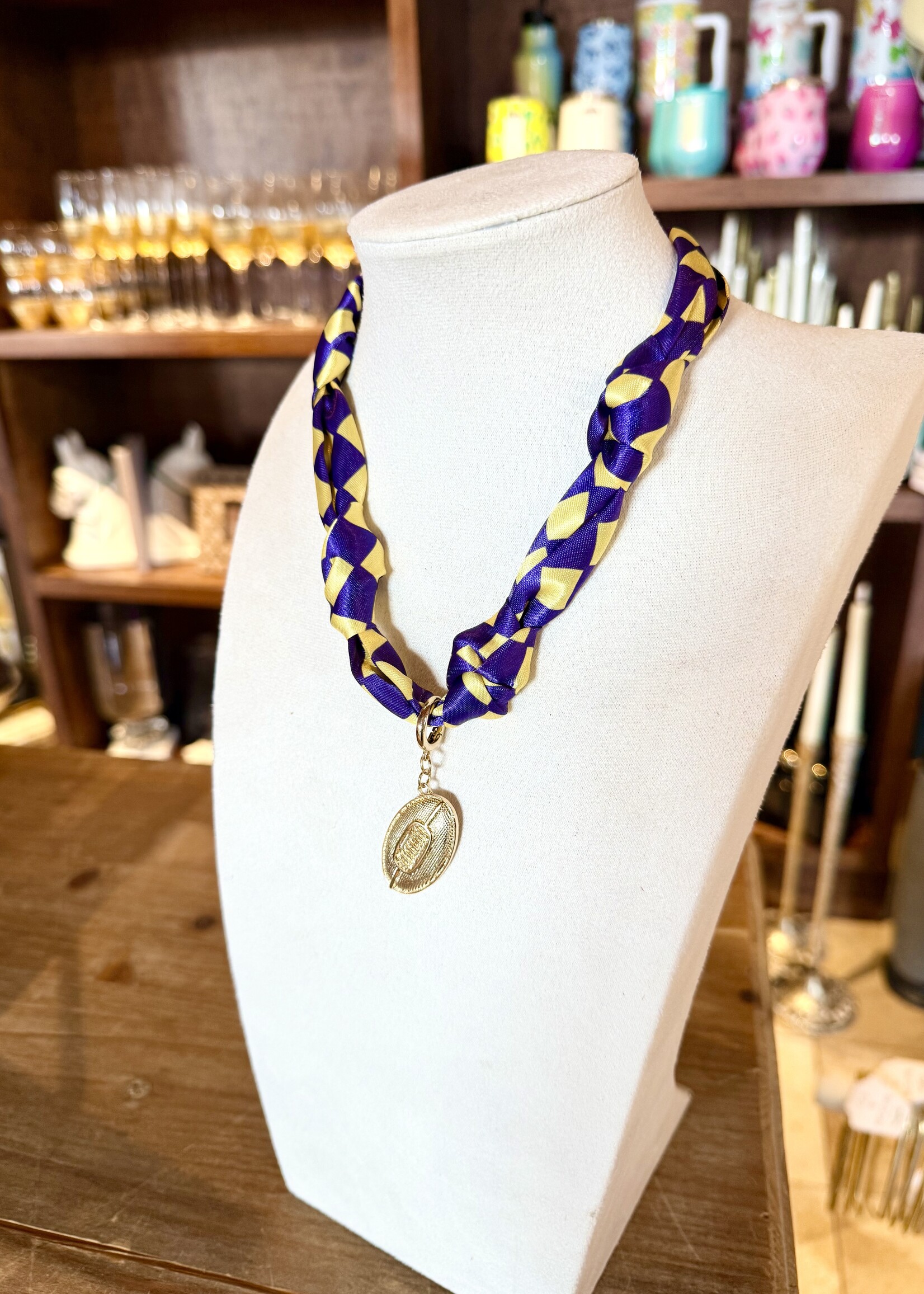 Bloom and Company Purple & Gold Checkered Football Charm Necklace