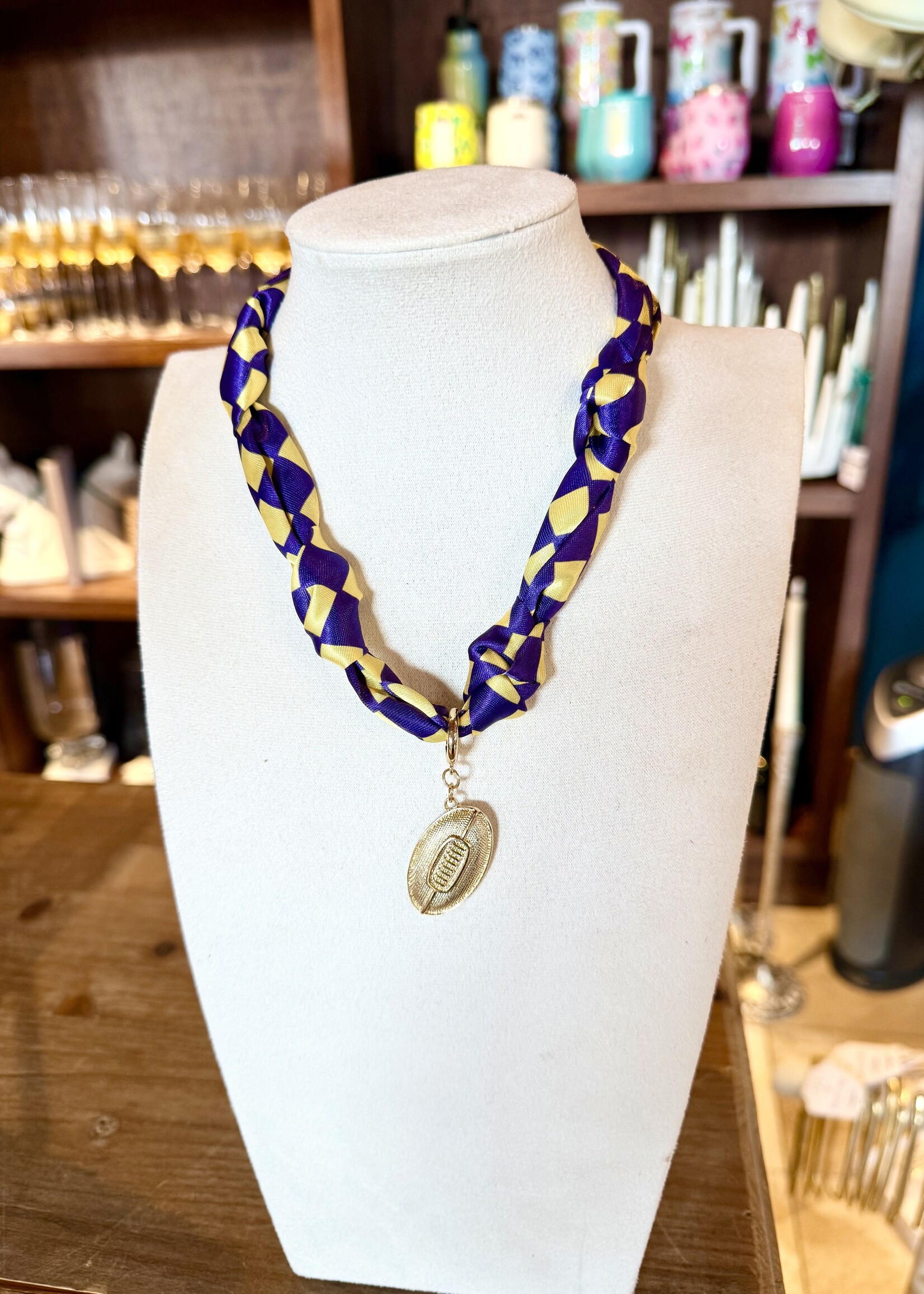 Bloom and Company Purple & Gold Checkered Football Charm Necklace