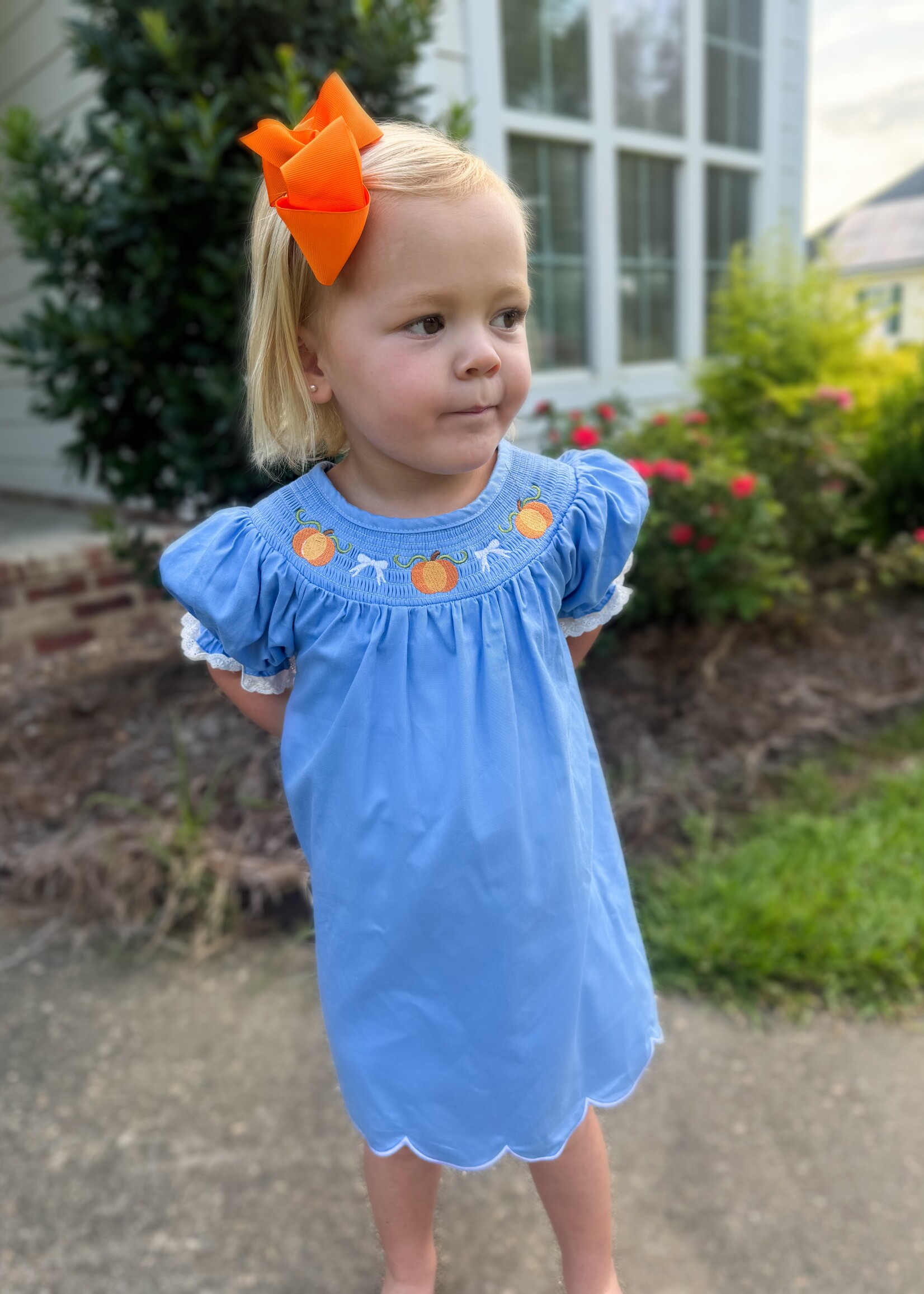 Bloom and Company Blue Fall Thanksgiving & Pumpkin Baby Girl Dress
