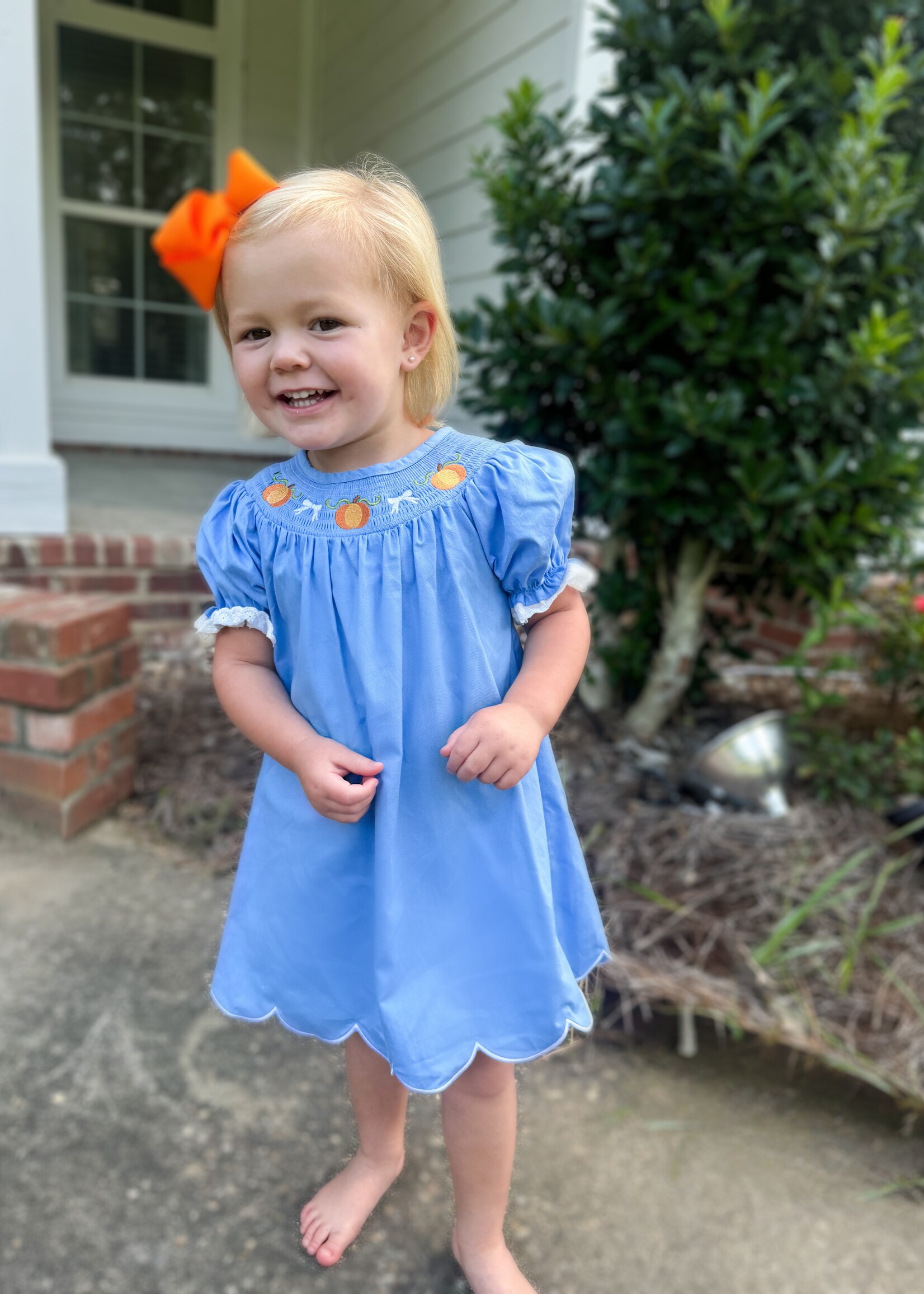 Bloom and Company Blue Fall Thanksgiving & Pumpkin Baby Girl Dress