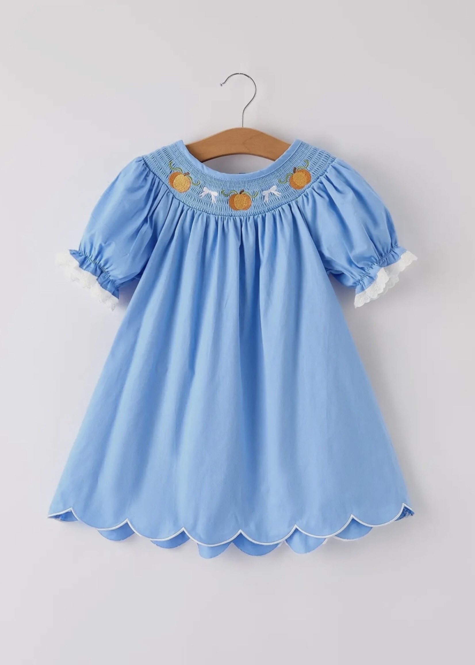 Bloom and Company Blue Fall Thanksgiving & Pumpkin Baby Girl Dress