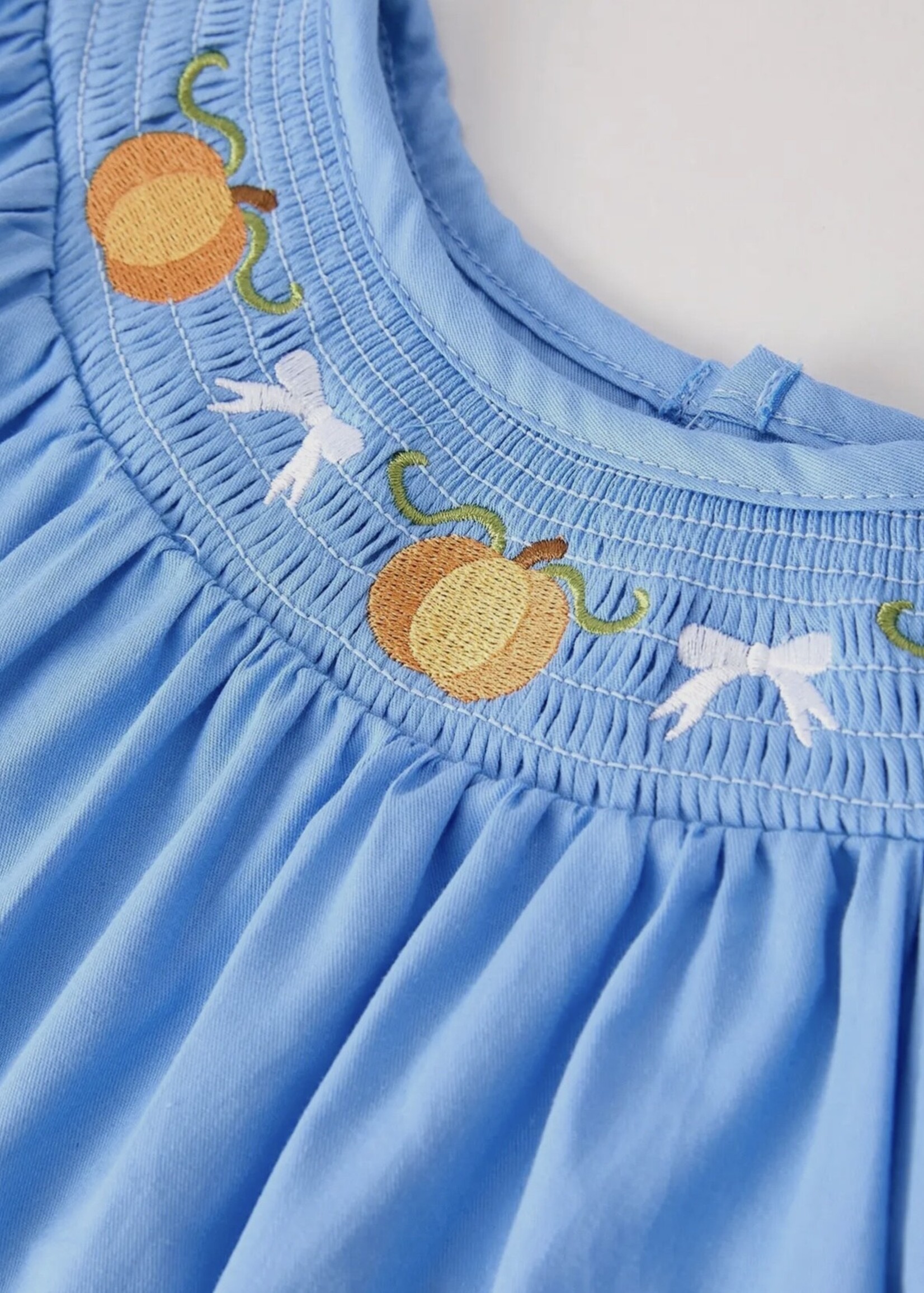 Bloom and Company Blue Fall Thanksgiving & Pumpkin Baby Girl Dress