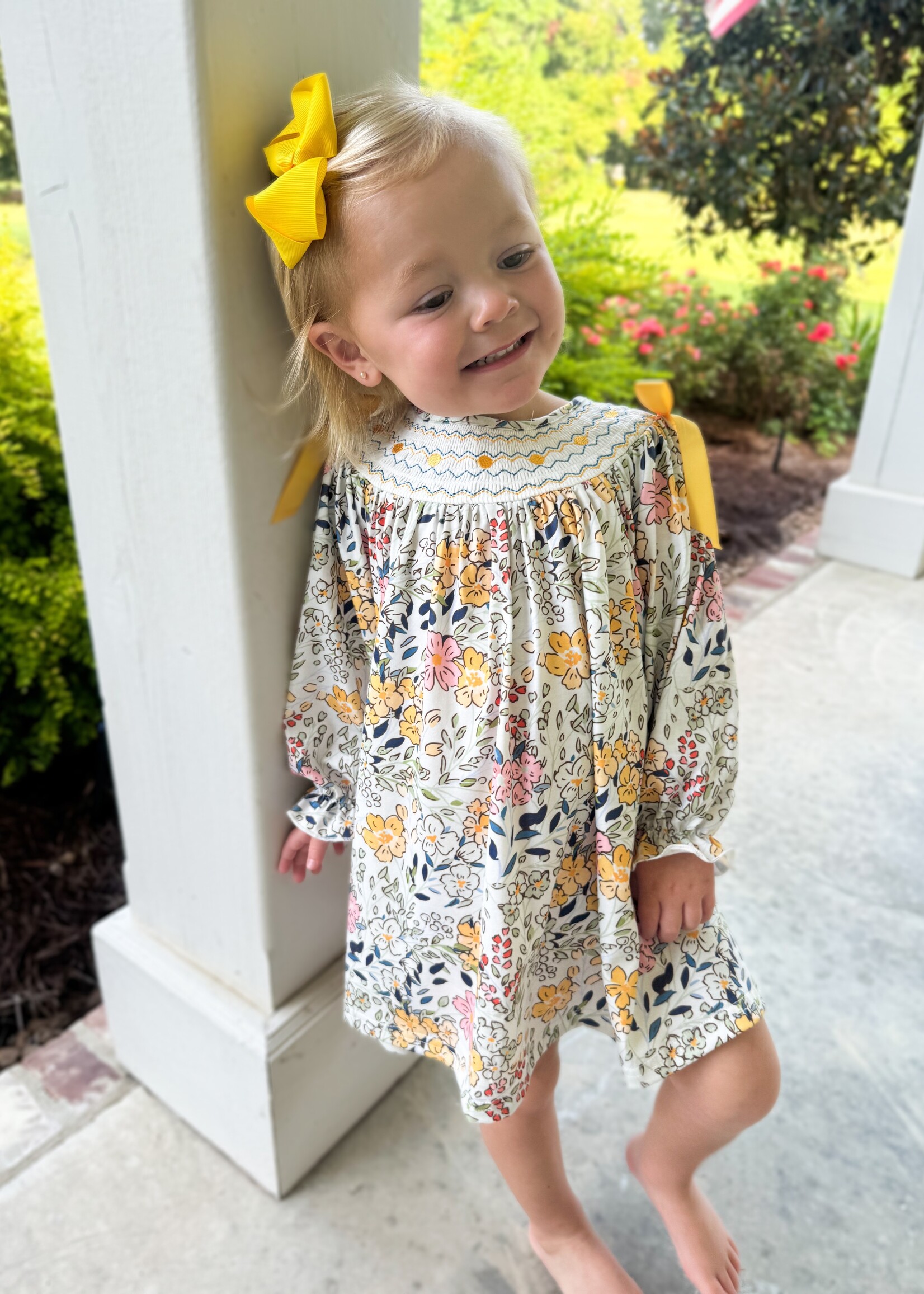 Bloom and Company Fall Embroidery Smocking Bow Floral Leaf  Baby Girls Dress