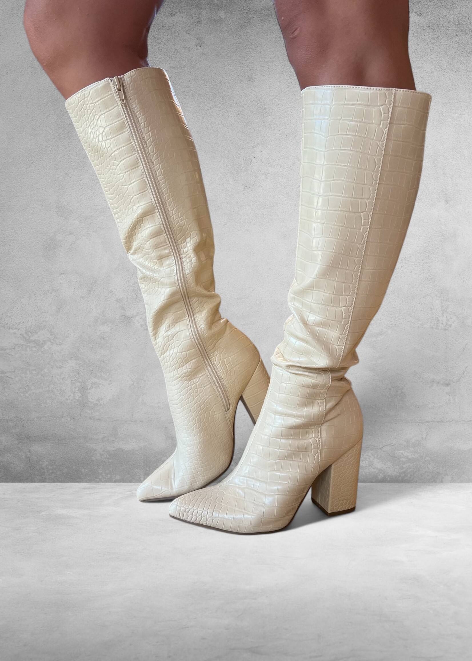 Bloom and Company Ivory Crocodile Detailed Boots