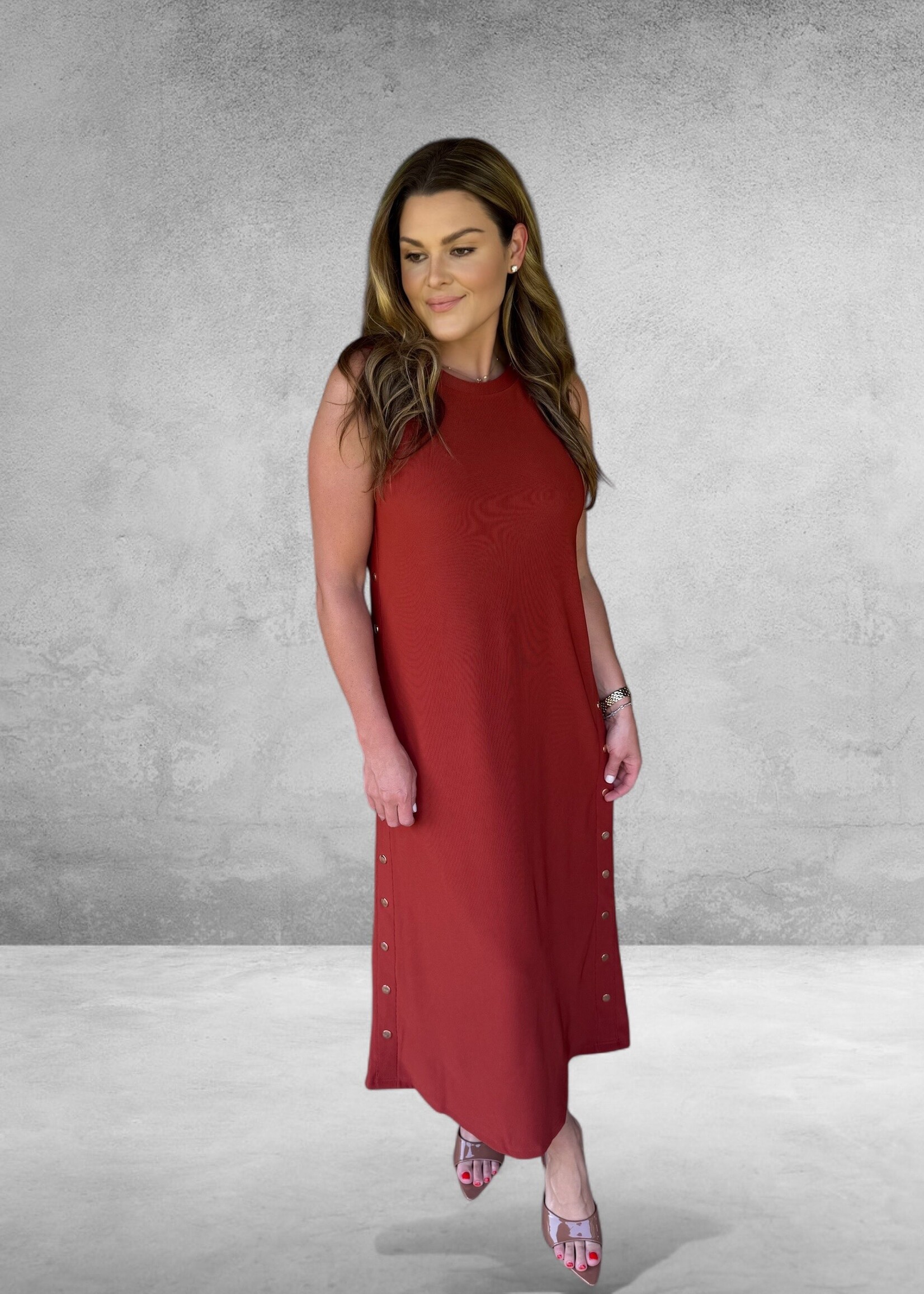 Bloom and Company Rust Maxi Gold Button Dress